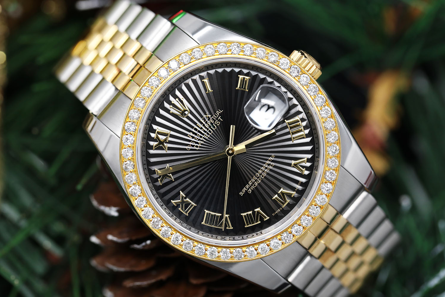 Rolex 36mm Datejust Black Sundust Roman Dial with Diamond Bezel Two Tone Unisex Watch Jubilee Hidden Clasp