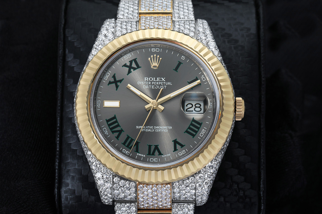 Rolex Datejust II 41 Two Tone Yellow Custom Diamond Watch Original Fluted Bezel Original Wimbledon Dial