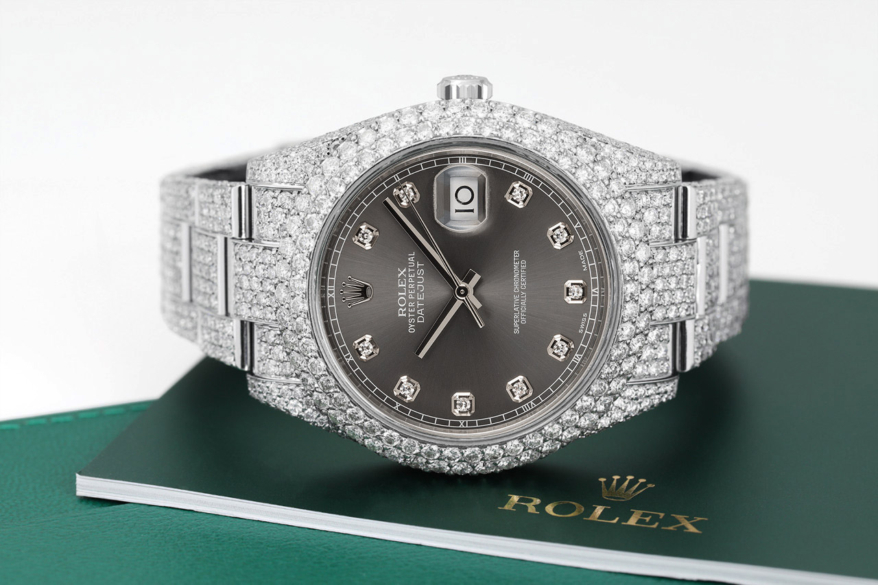 Rolex Mens Datejust II 41mm Stainless Steel Factory Rhodium Diamond Dial Fully Diamond Mens Watch