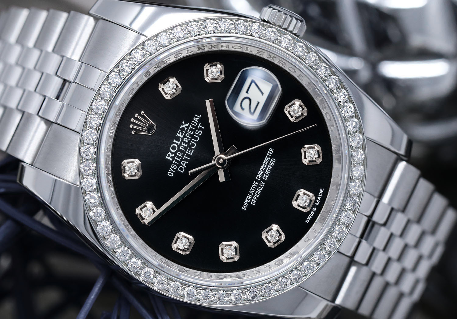 Rolex 36mm Datejust Factory Black Diamond Dial with Custom Diamond