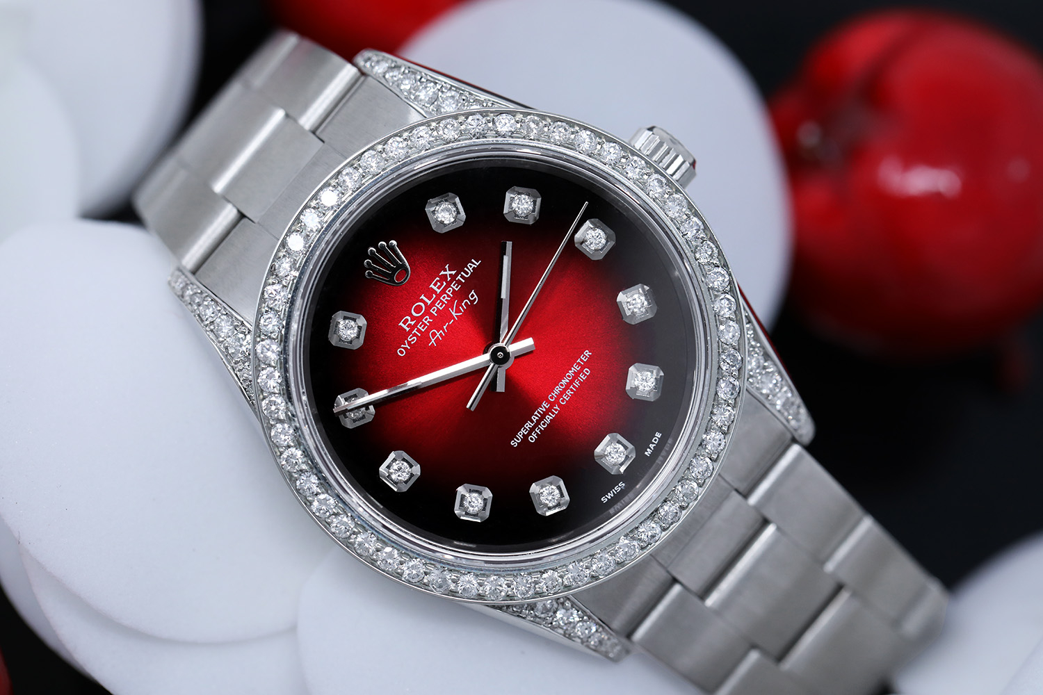 Rolex Air King Red Vignette Diamond Dial Diamond Bezel and Lugs