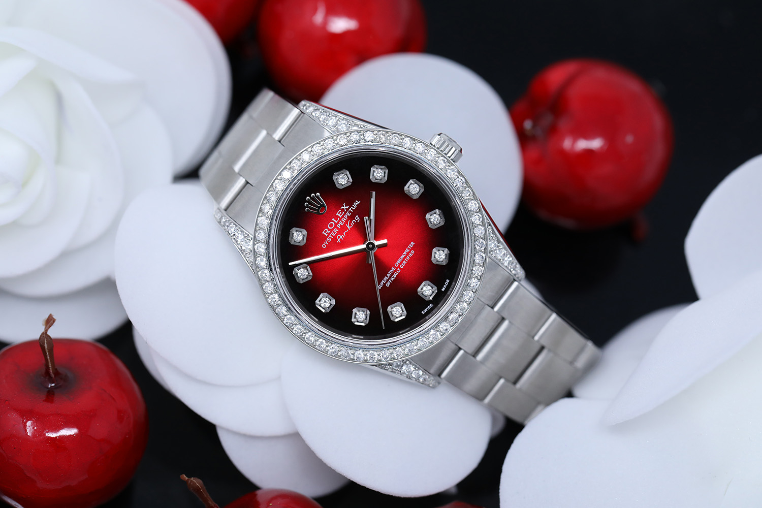 Rolex Air King Red Vignette Diamond Dial Diamond Bezel and Lugs