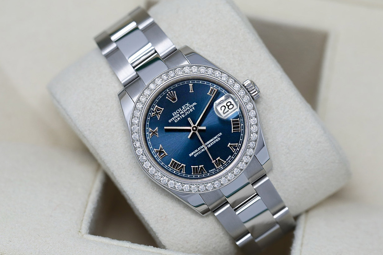 Rolex Lady-Datejust  Blue Roman Dial with Diamond Bezel  Stainless Steel Oyster