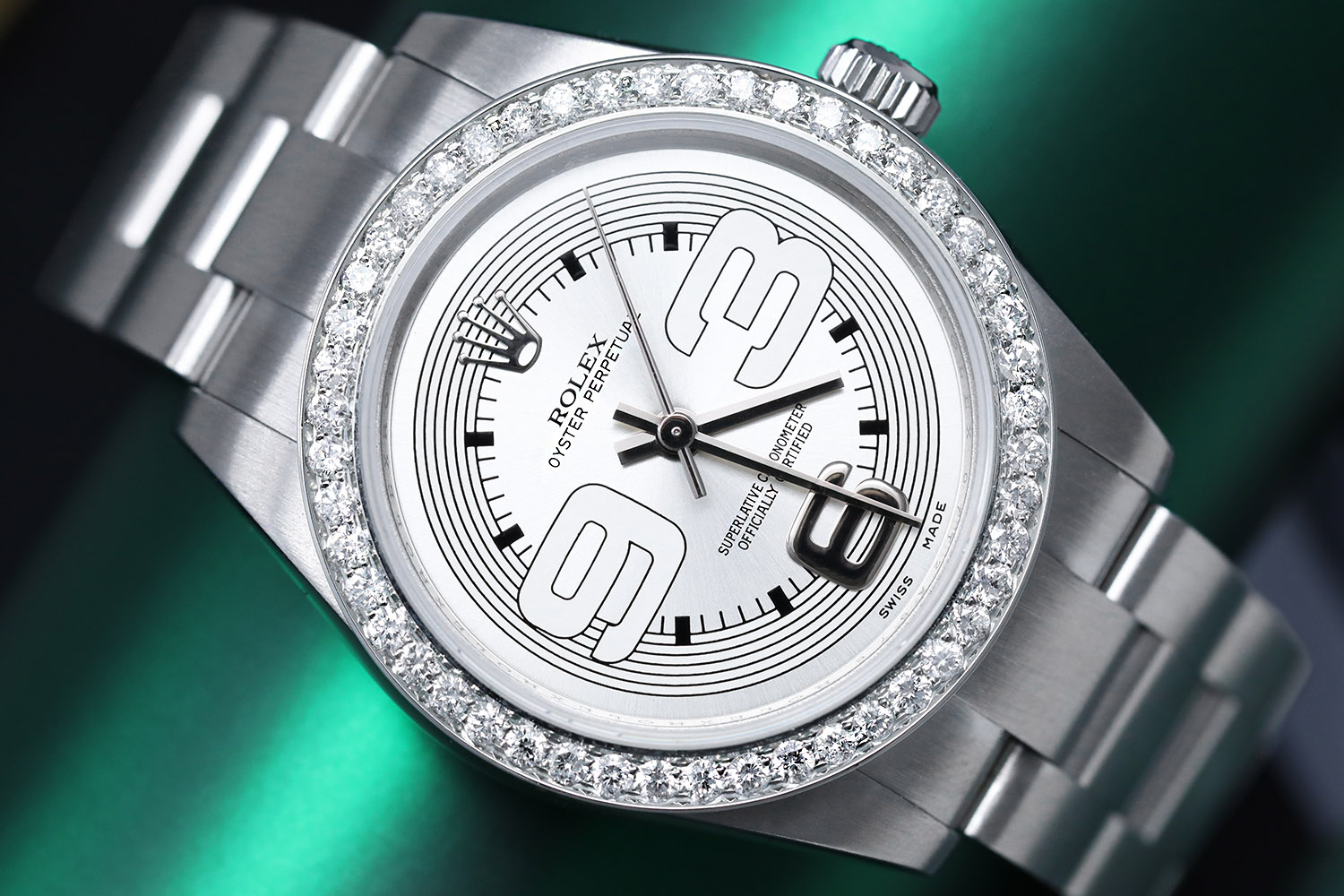Rolex   Oyster Perpetual Ladies Stainless Steel Watch with Diamond Bezel Silver Dial