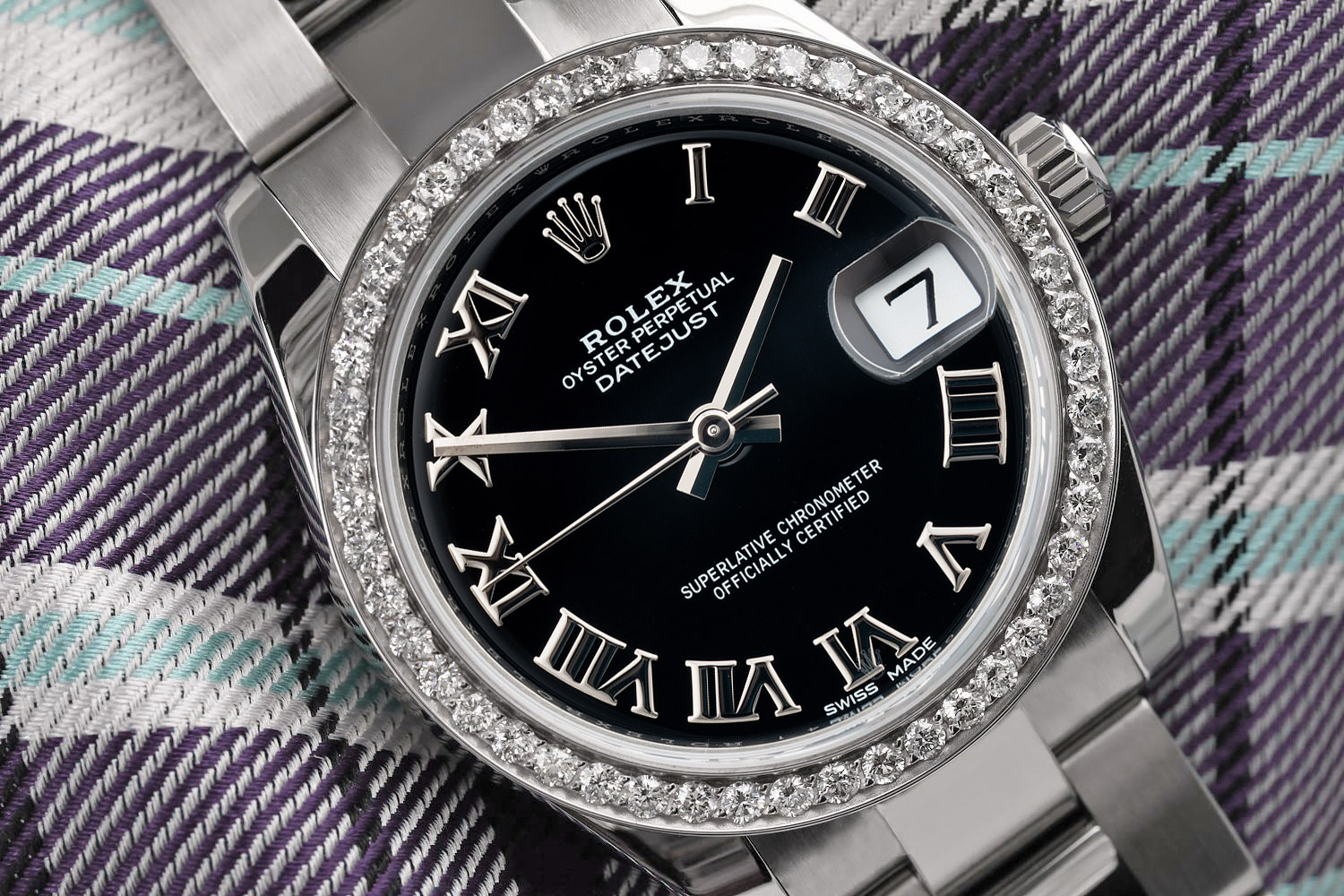 Rolex Datejust Stainless Steel Ladies Watch with Black Roman Dial snd Diamond Bezel