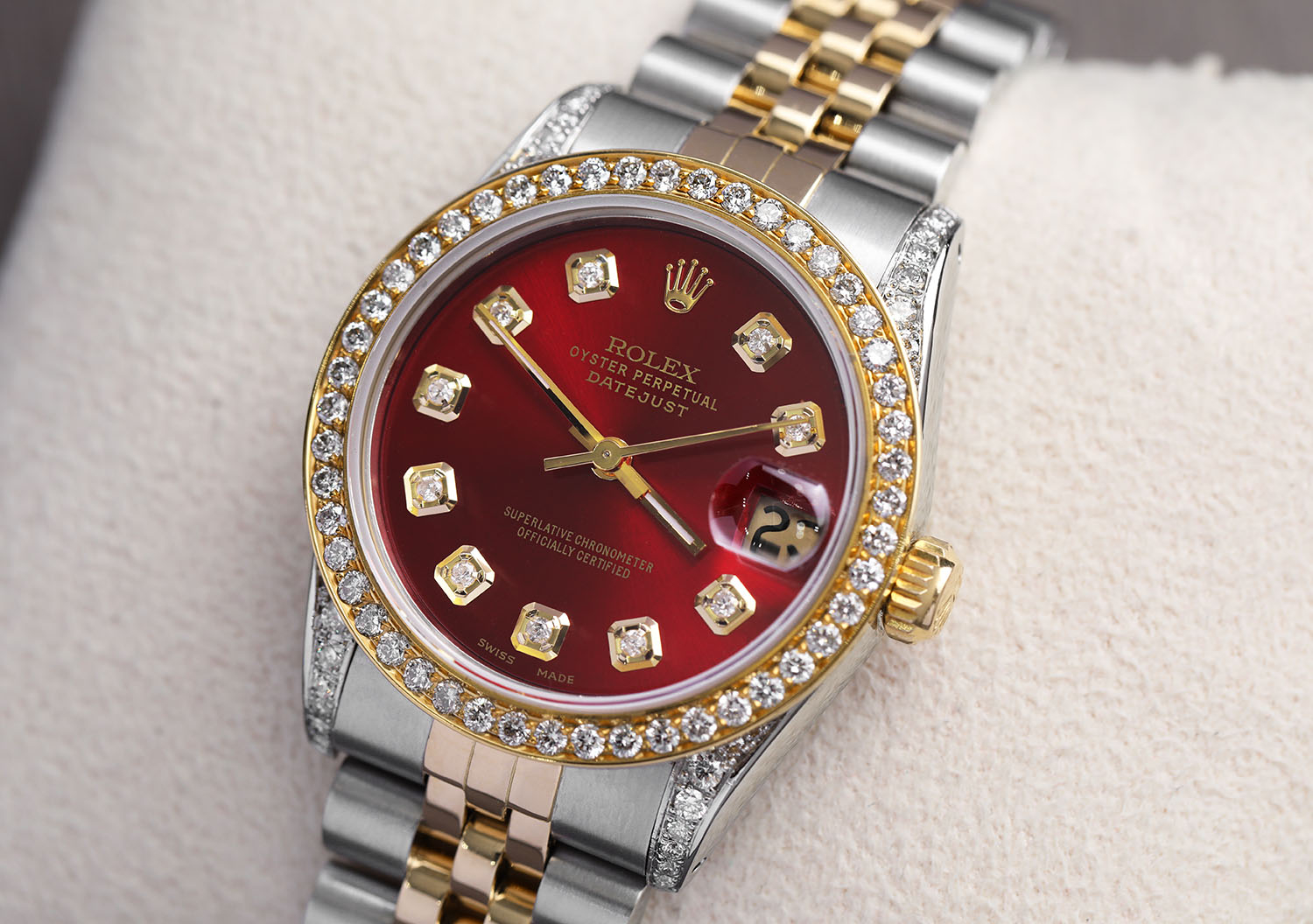 Women's Rolex 31mm Datejust Two Tone Diamond Bezel Lugs Red Color Dial with Diamonds