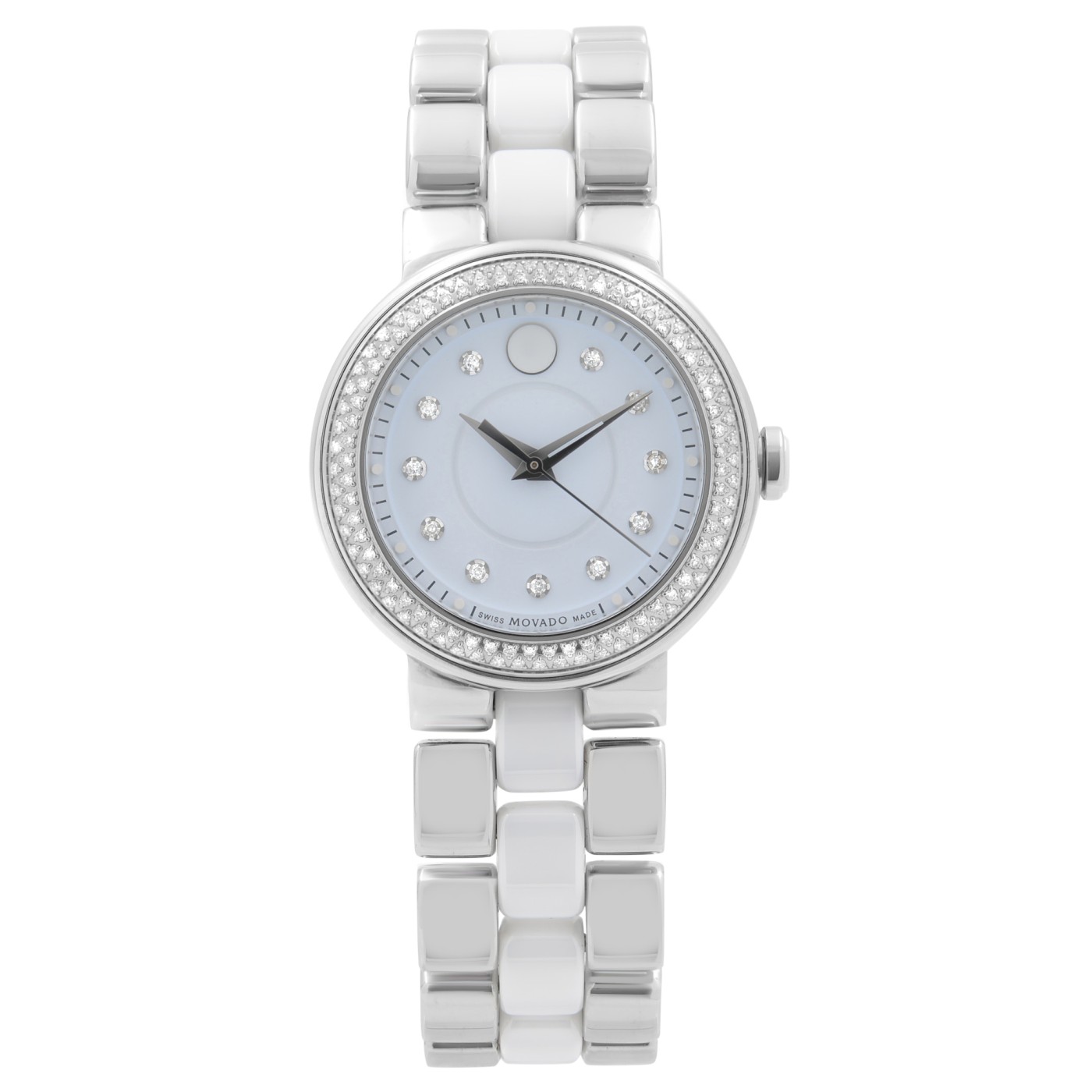 Movado Cerena 28mm Steel White Ceramic Diamond Bezel Ladies Watch
