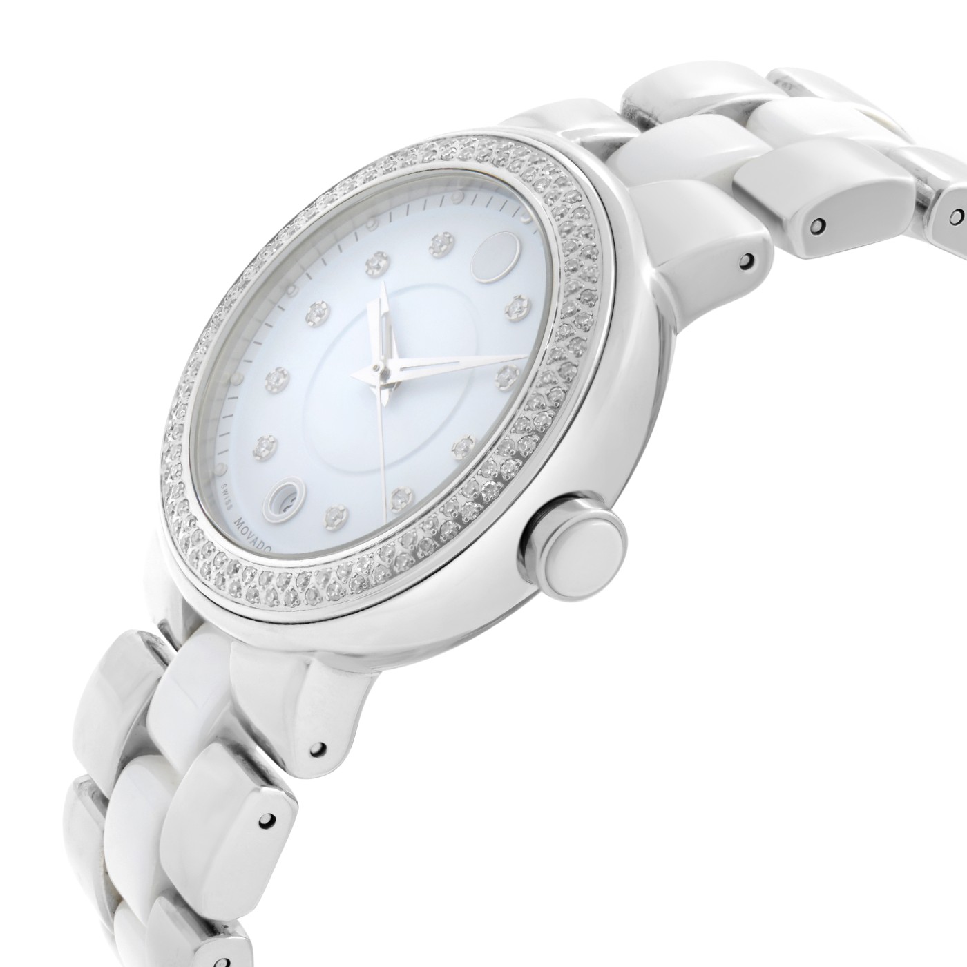 MOVADO WOMENS DIAMONDS SILVER-WHITE CERAMIC SS SWISS WATCH CERENA Movado Cerena Quartz Stainless Steel & Ceramic Watch w/ Date  main image 2