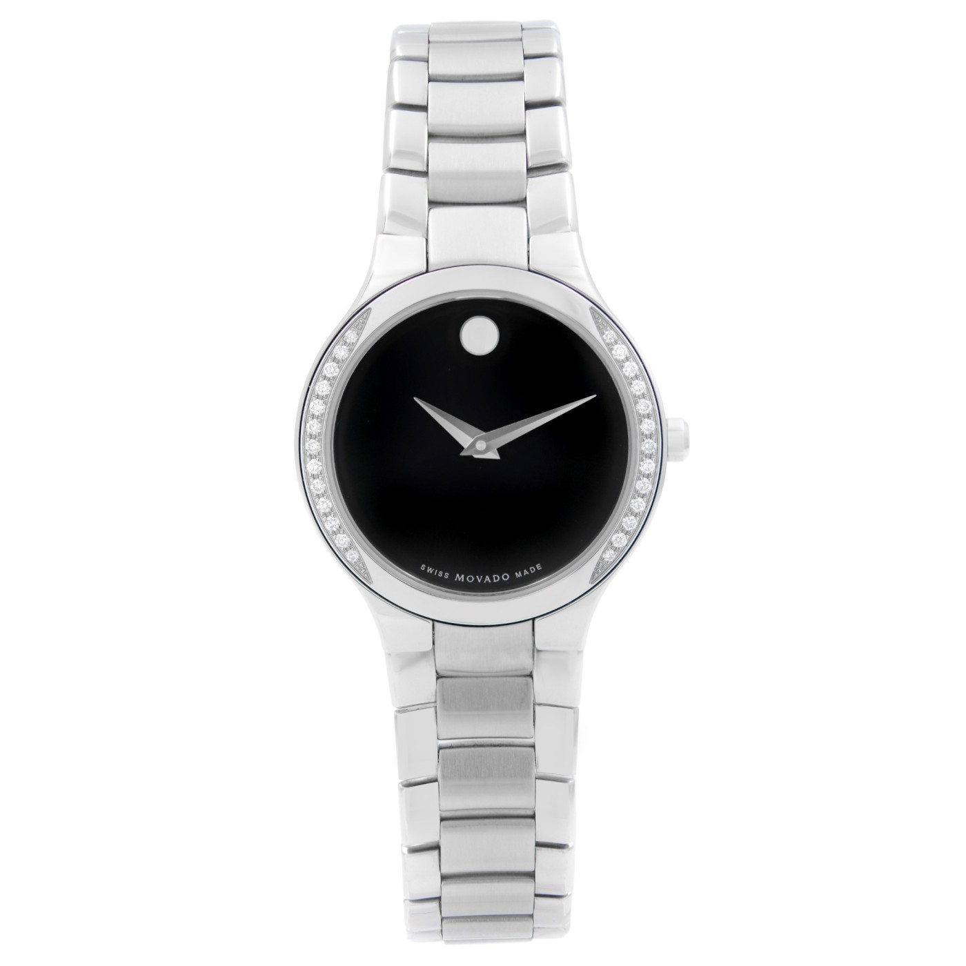 Movado Serio 26mm Steel Diamond Bezel Black Dial Ladies Watch