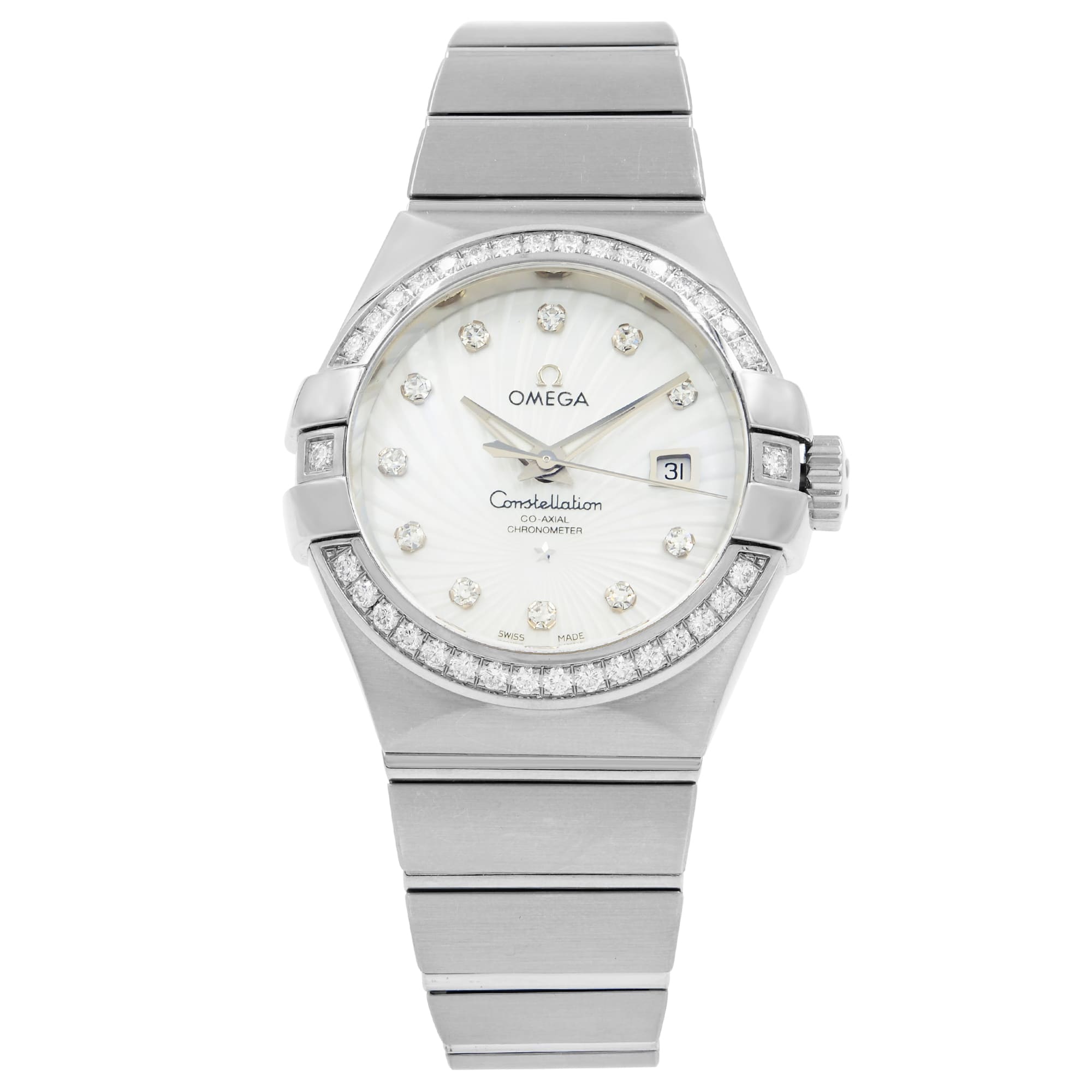 Omega Constellation Silver Diamond White Gold Ladies Watch 
