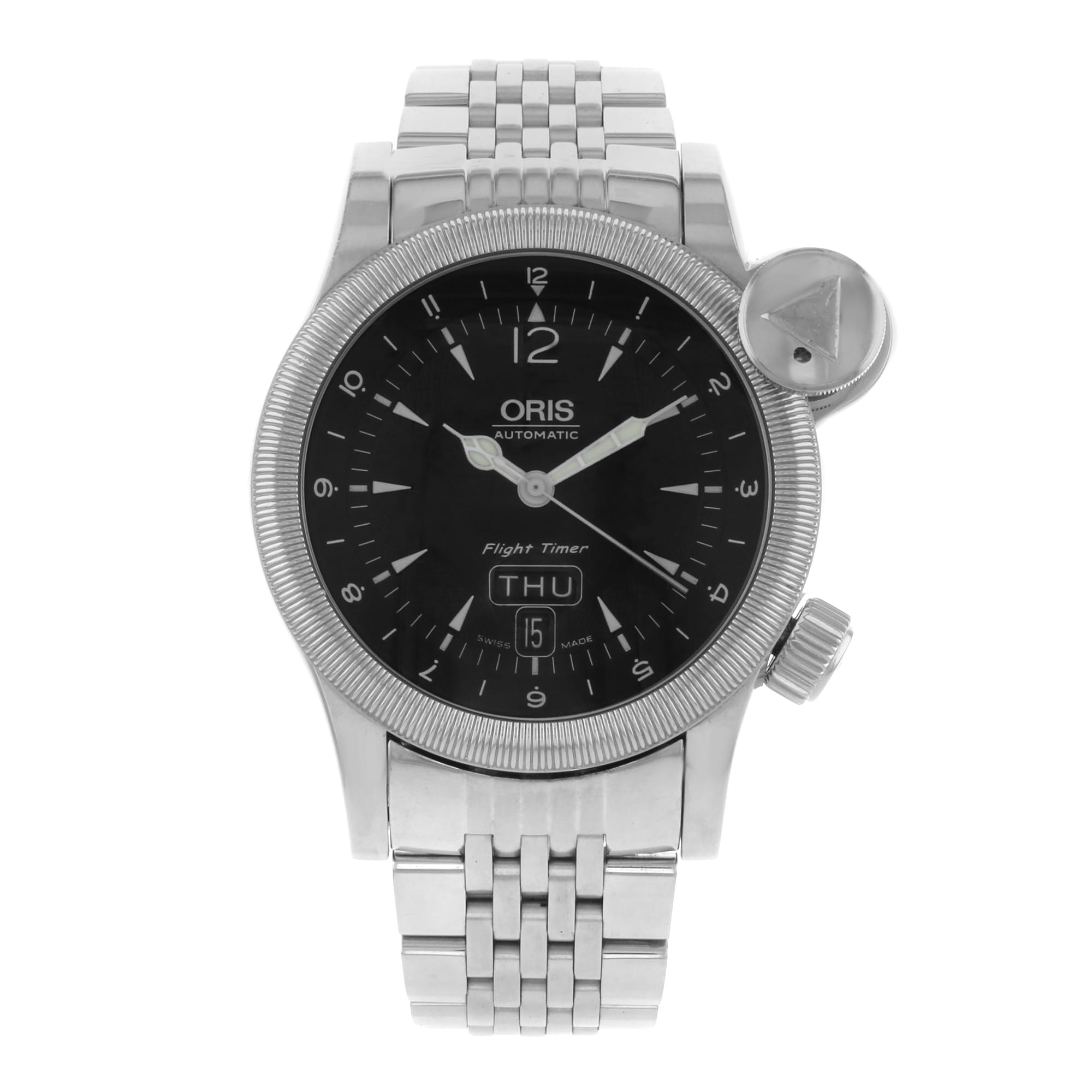 Oris Flight Timer Black Dial Day Date Steel Automatic Mens Watch 