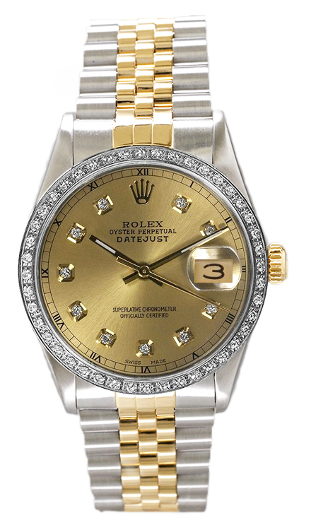 Rolex Men's Datejust Two Tone Custom Diamond Bezel Champagne Diamond Dial