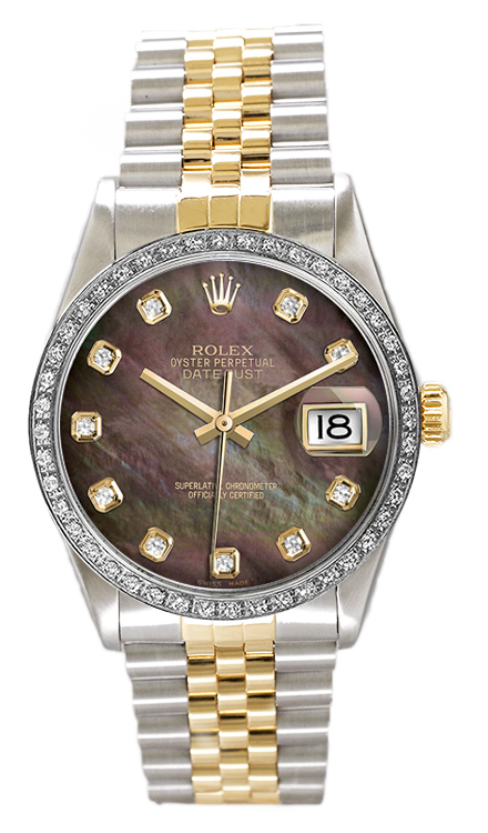 Rolex Men's Datejust Two Tone Custom Diamond Bezel Dark Pearl Diamond Dial