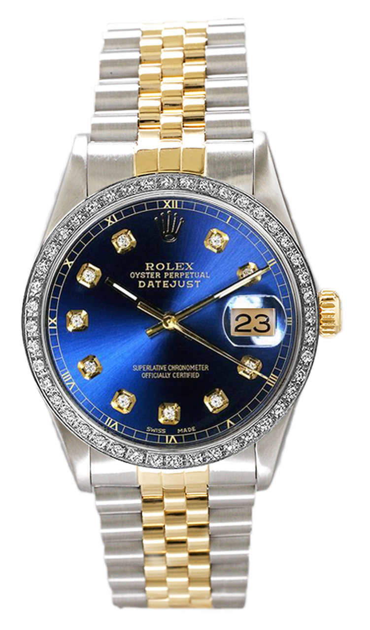 Rolex Men's Datejust Two Tone Custom Diamond Bezel White Diamond Dial
