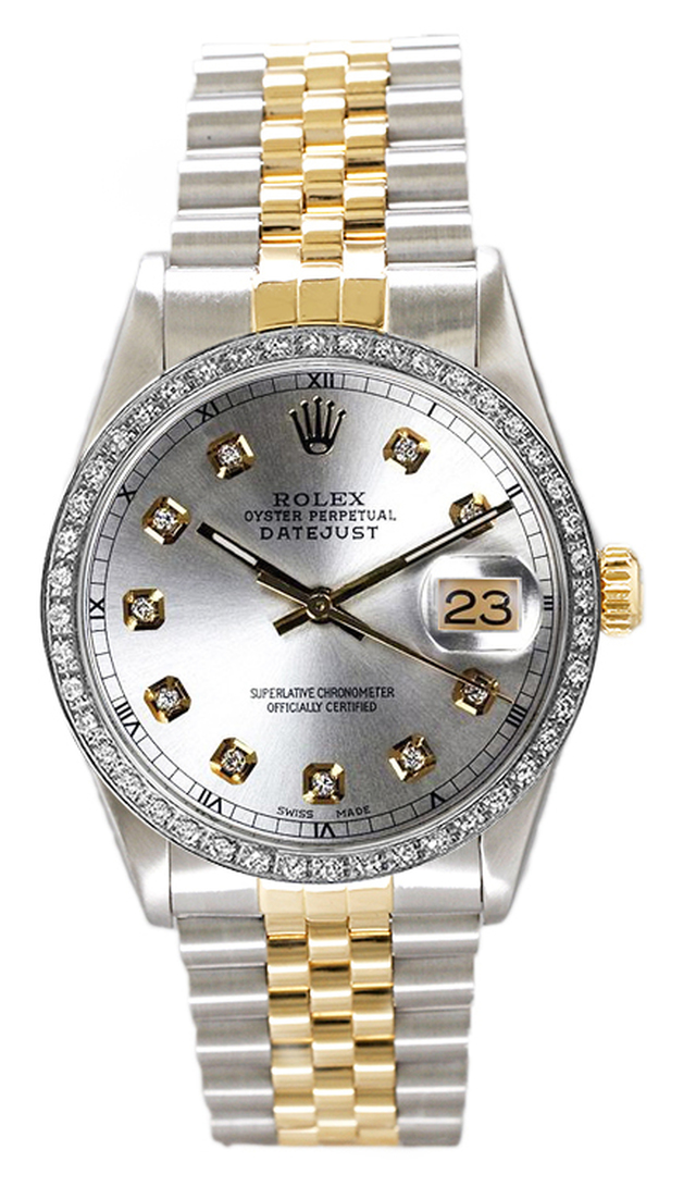Rolex Men's Datejust Two Tone Custom Diamond Bezel  Silver Diamond Dial