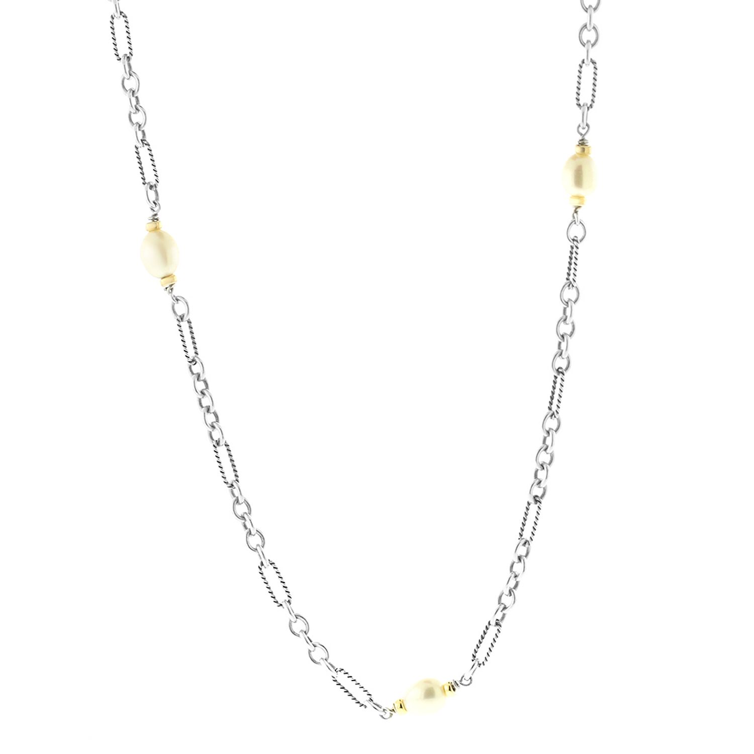 David Yurman Cable Link Pearl Necklace in Sterling Silver & 18K Yellow Gold