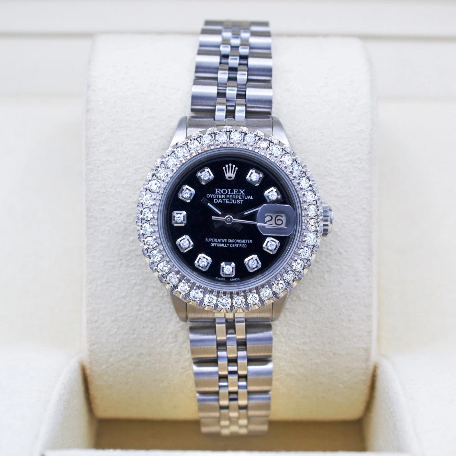 Rolex Datejust 26mm Auto Custom 2ct Diam Bezel/Markers Black Dial Jubilee Band