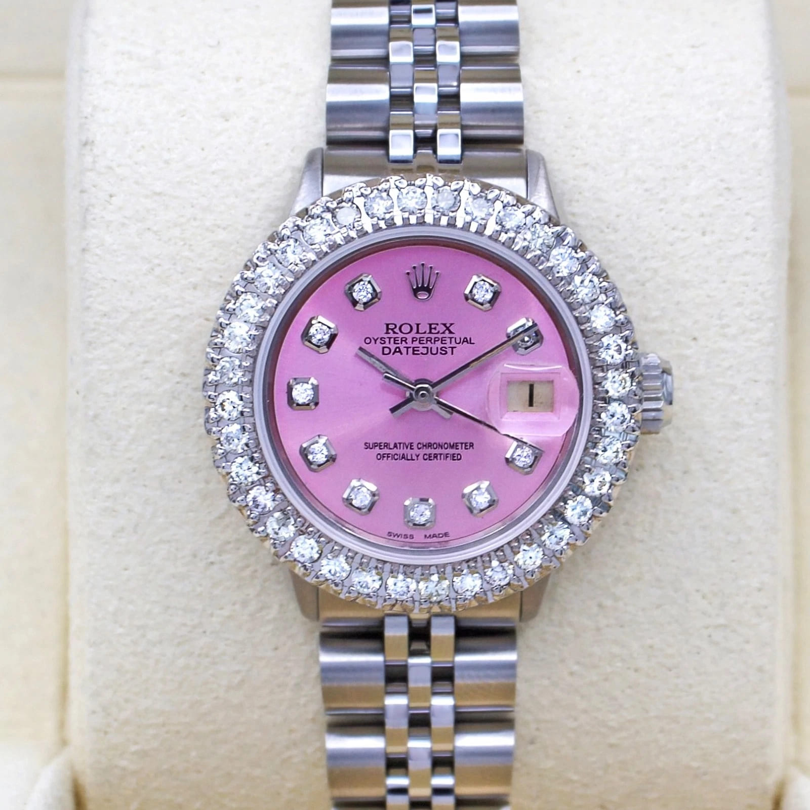 Rolex Datejust 26mm Auto Custom 2ct Diamond Bezel/Markers Pink Dial Jubilee Band