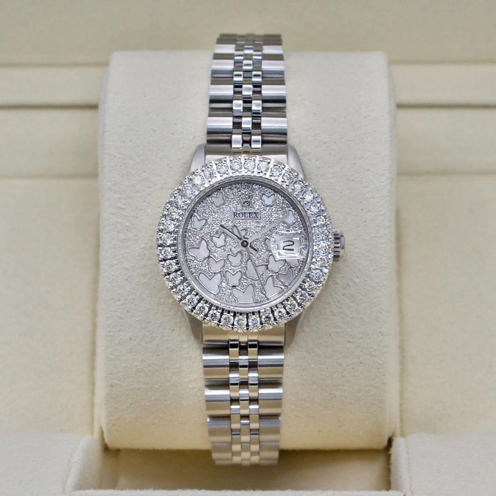 Rolex Datejust 26mm Custom 2.5ct Dia Bezel/Butterfly Mop Dial Jubilee Band Steel