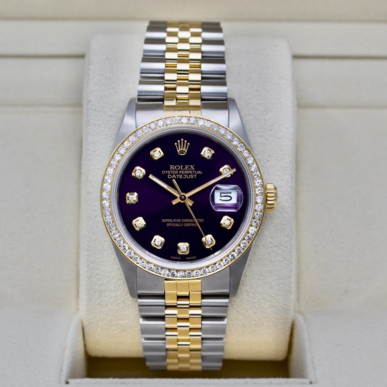 Rolex Datejust 36mm Custom 1.5ct VS Dia Bezel/Marker Purple Dial T/T Jubilee