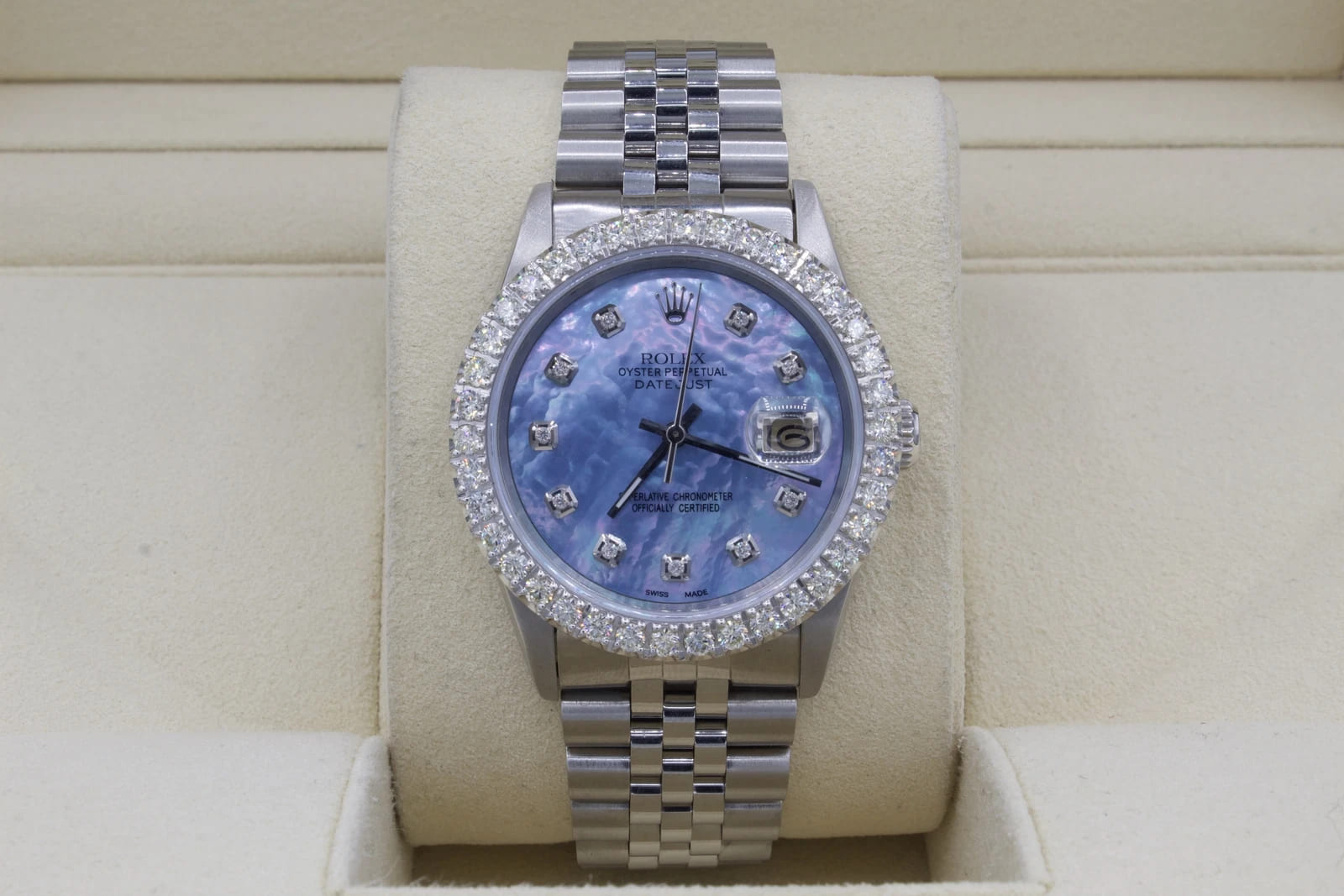 Rolex Datejust 36mm Custom 3ct VS Diamond Bezel Sky Blue MOP Dial S/S Quickset