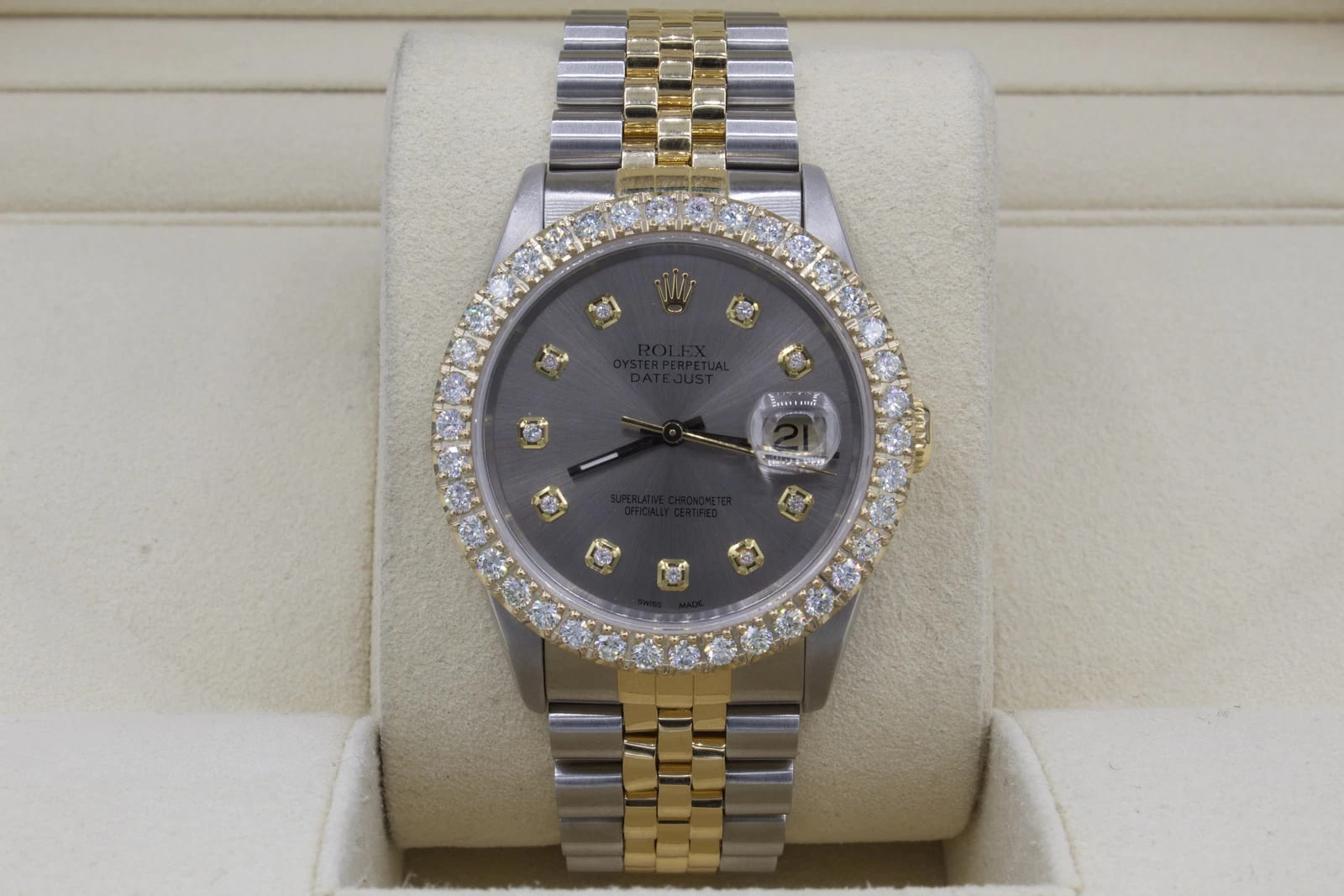 Rolex Datejust 36mm Custom 3ct VS Diamond Bezel  Grey Dial Two Tone Quickset