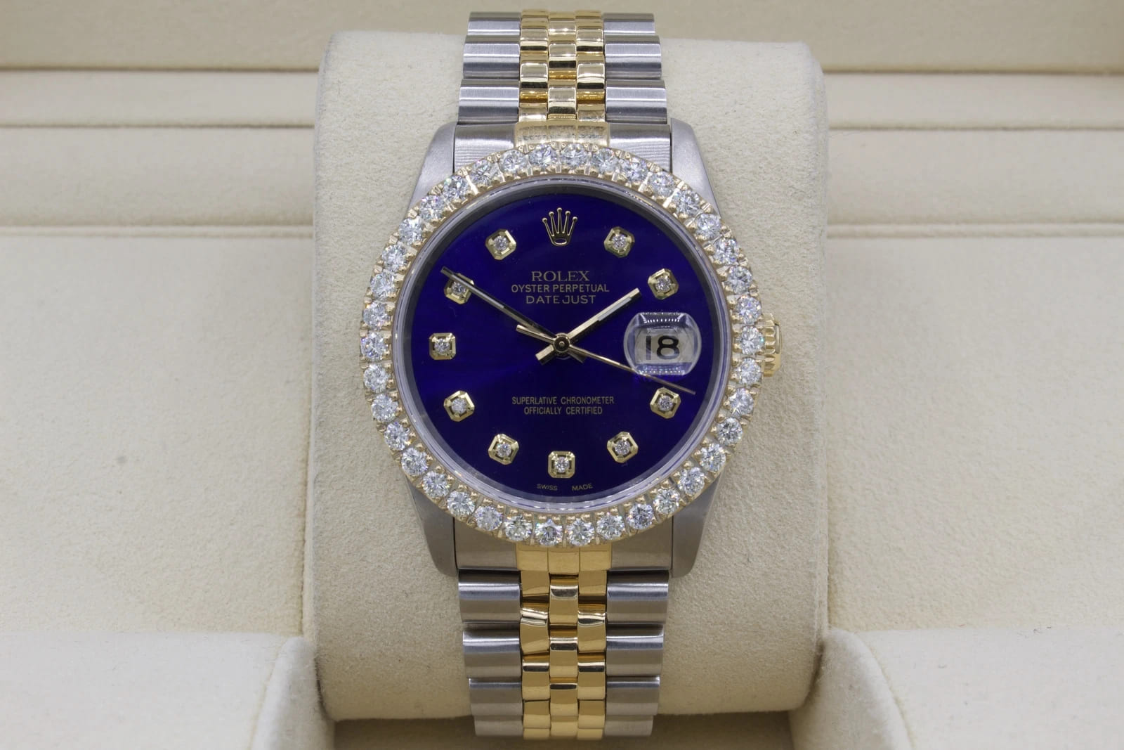 Rolex Datejust 36mm Custom 3ct VS Diamond Bezel Blue Dial Two Tone Quickset