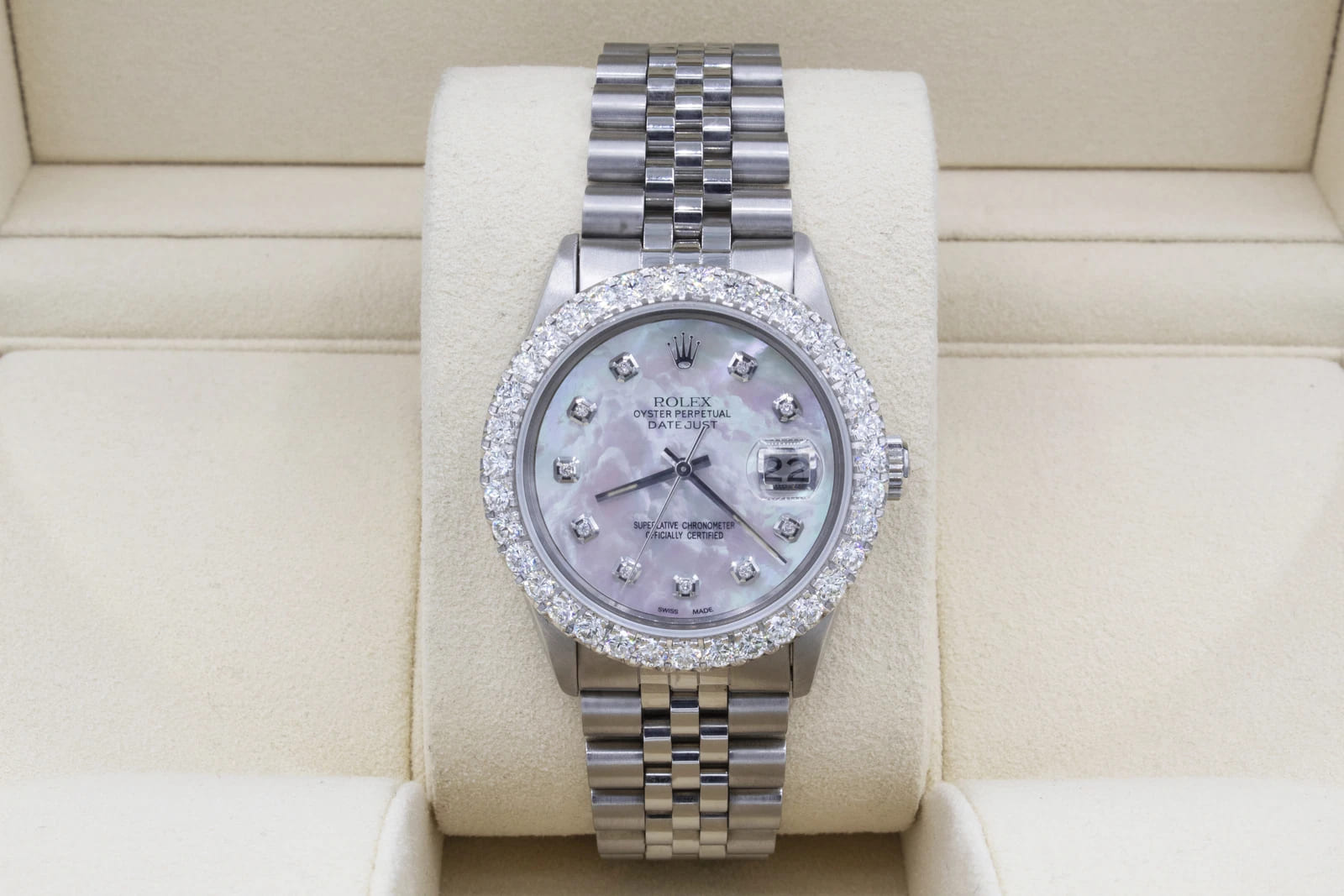 Rolex Datejust 36mm Custom 3ct VS Diamond Bezel  White MOP Dial Quickset