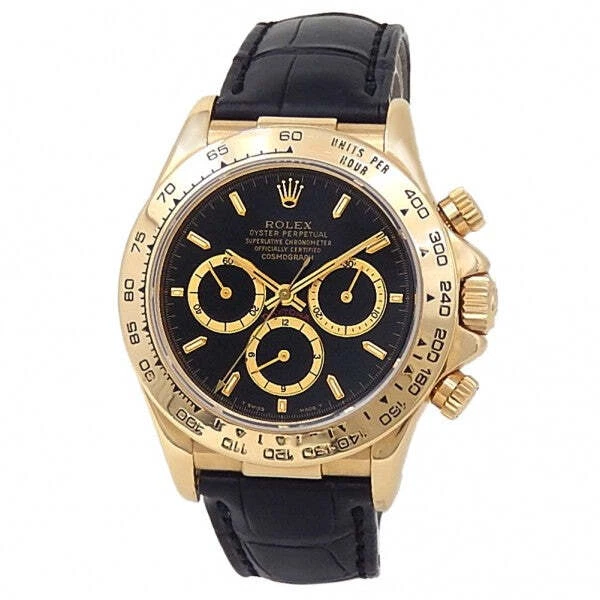 Rolex Daytona 18k Yellow Gold Black Leather Automatic Black Men's Watch 16518