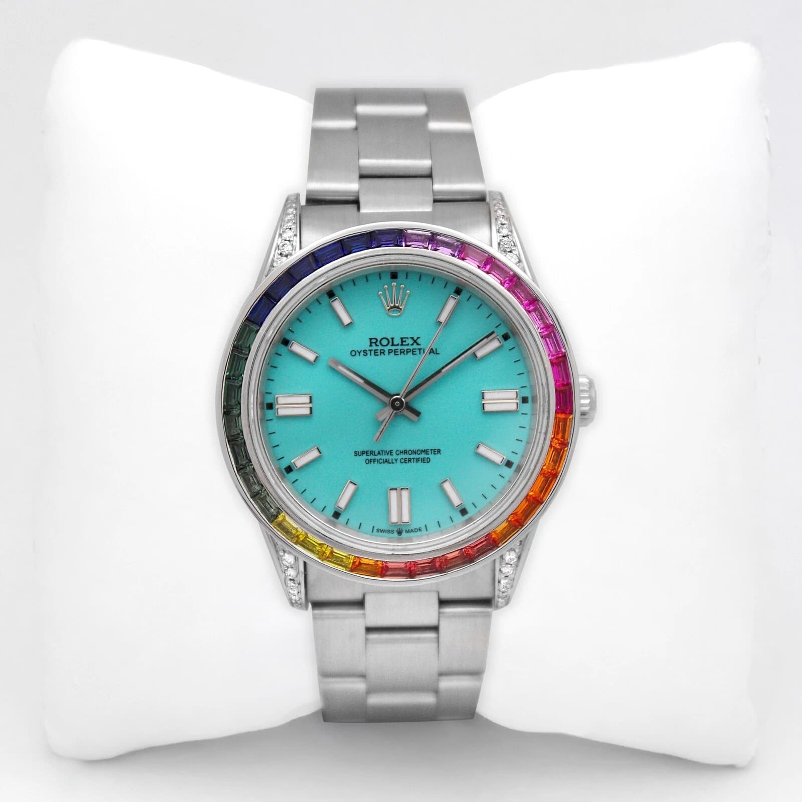 Rolex OP 14000 34mm Custom Bezel Blue Dial VS Diamond Lug Steel Case Band wBox
