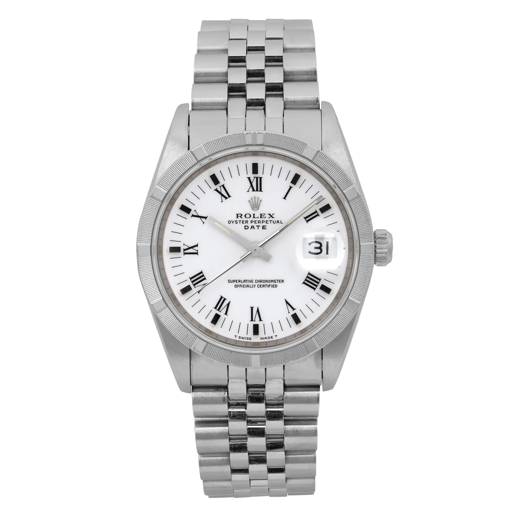 Rolex Date 34mm Engine Turned Steel White Dial Automatic Unisex Watch