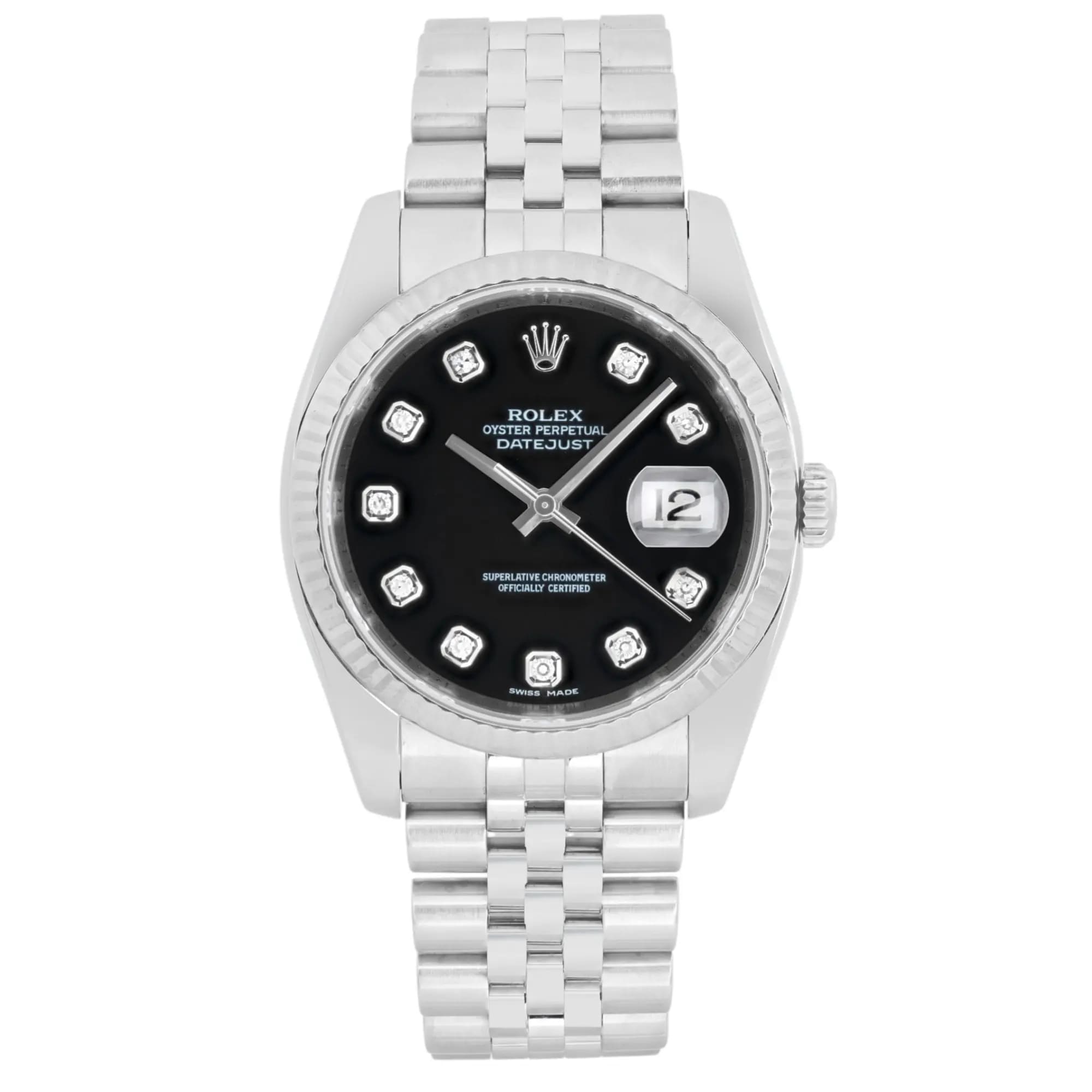Rolex Datejust 18K White Gold Steel Black Diamond Dial Watch 
