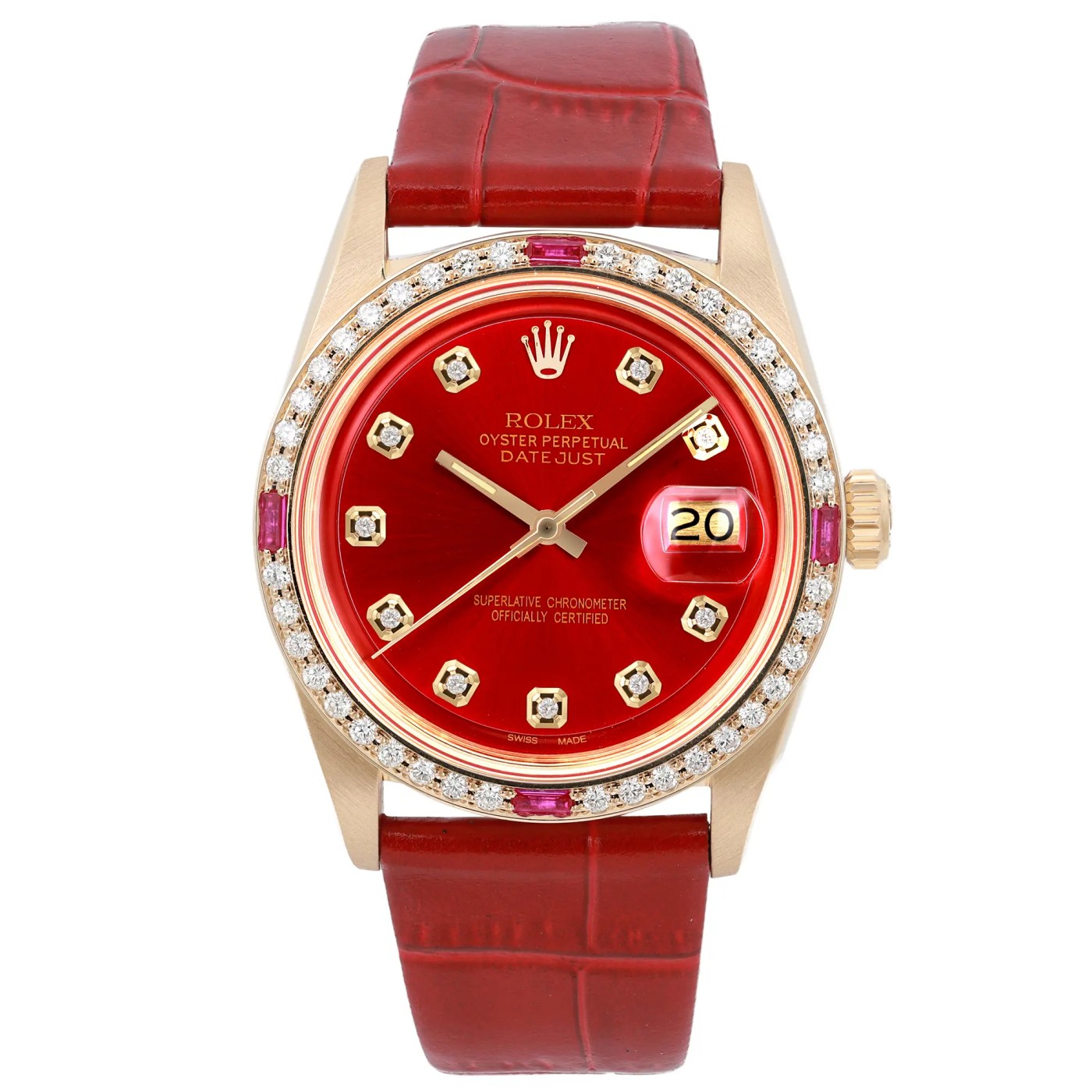 Rolex Datejust 18k Yellow Gold 36 Red Diamond Dial Custom Watch