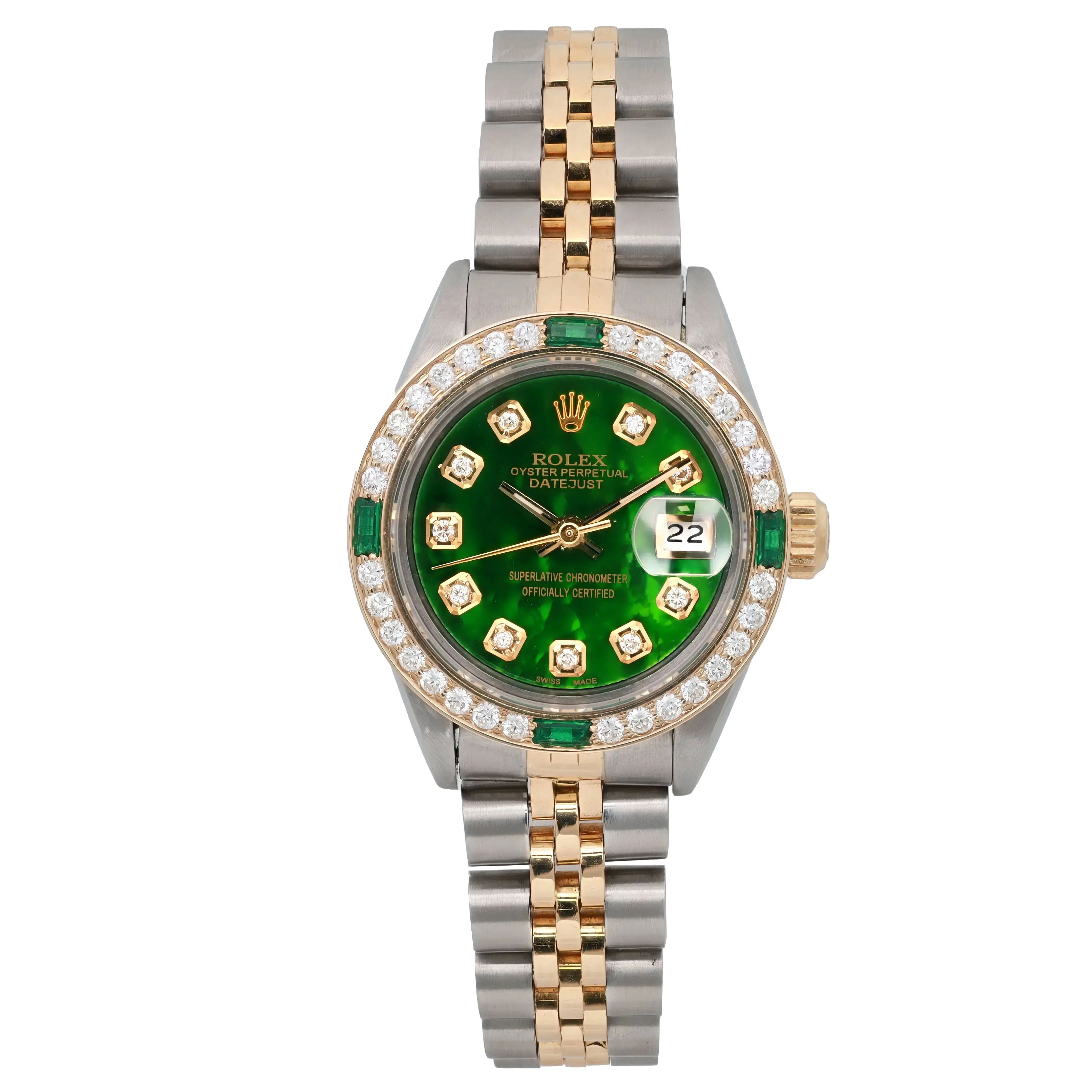 Rolex Datejust 26 Steel 18K Gold Custom Green MOP Diamond Dial Watch