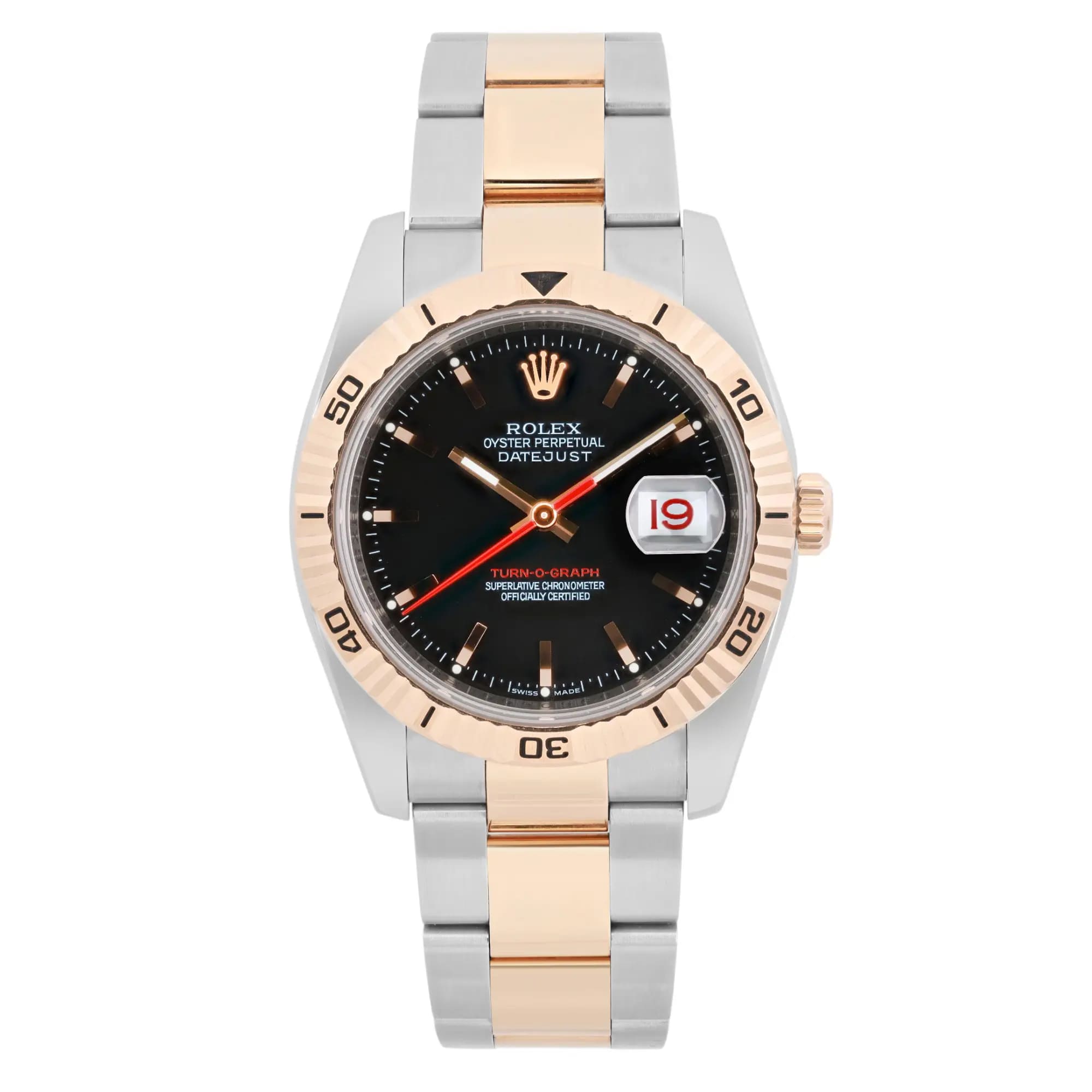 Rolex Datejust Turn-O-Graph 18K Rose Gold Steel Black Dial Men Watch 