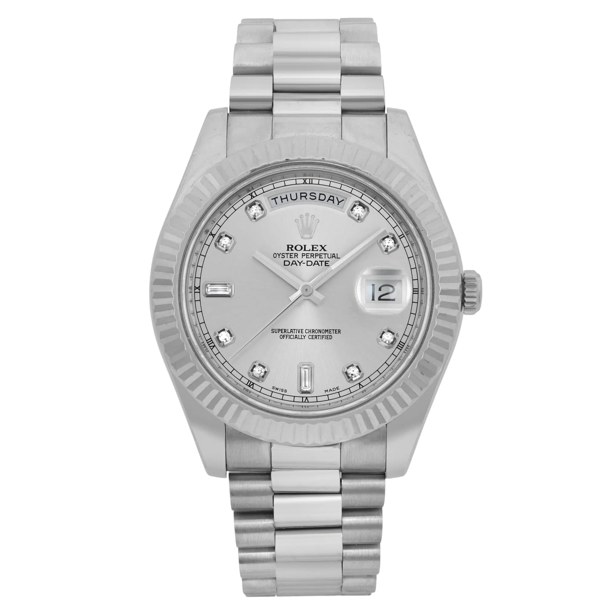 Rolex Day-Date President 18K White Gold Silver Diamond Dial Watch