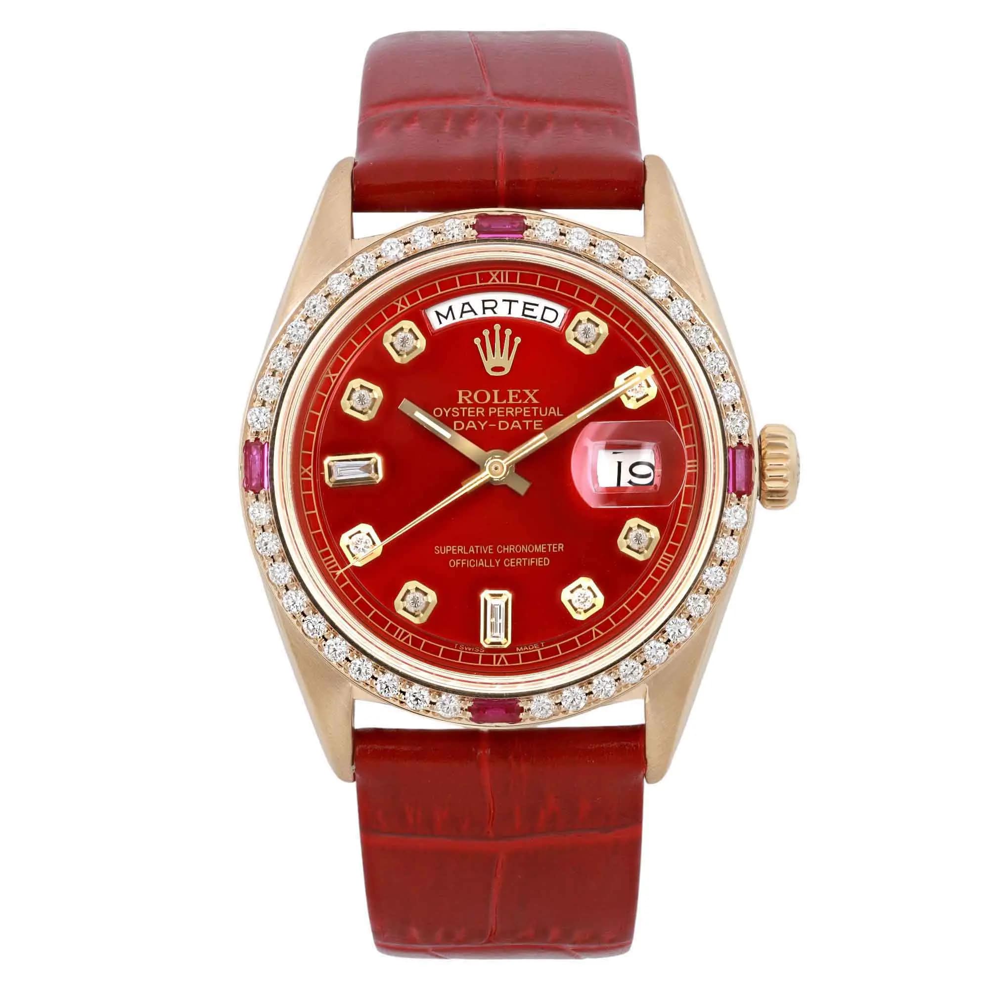 Rolex Day Date 18K Yellow Gold Red Custom Dial Diamond Watch