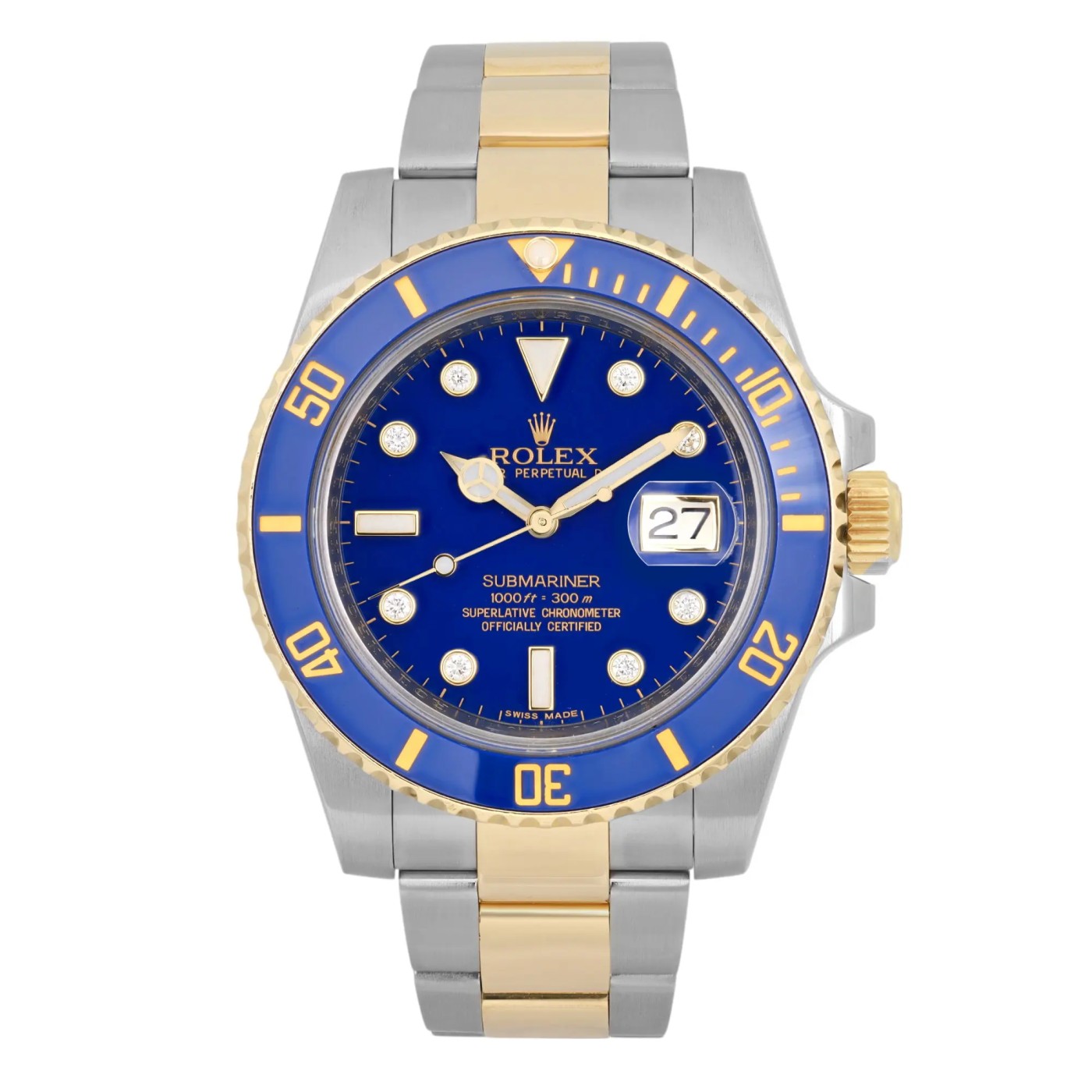 Rolex Submariner Steel Yellow Gold Ceramic Blue Dial Diamond Dial Watch