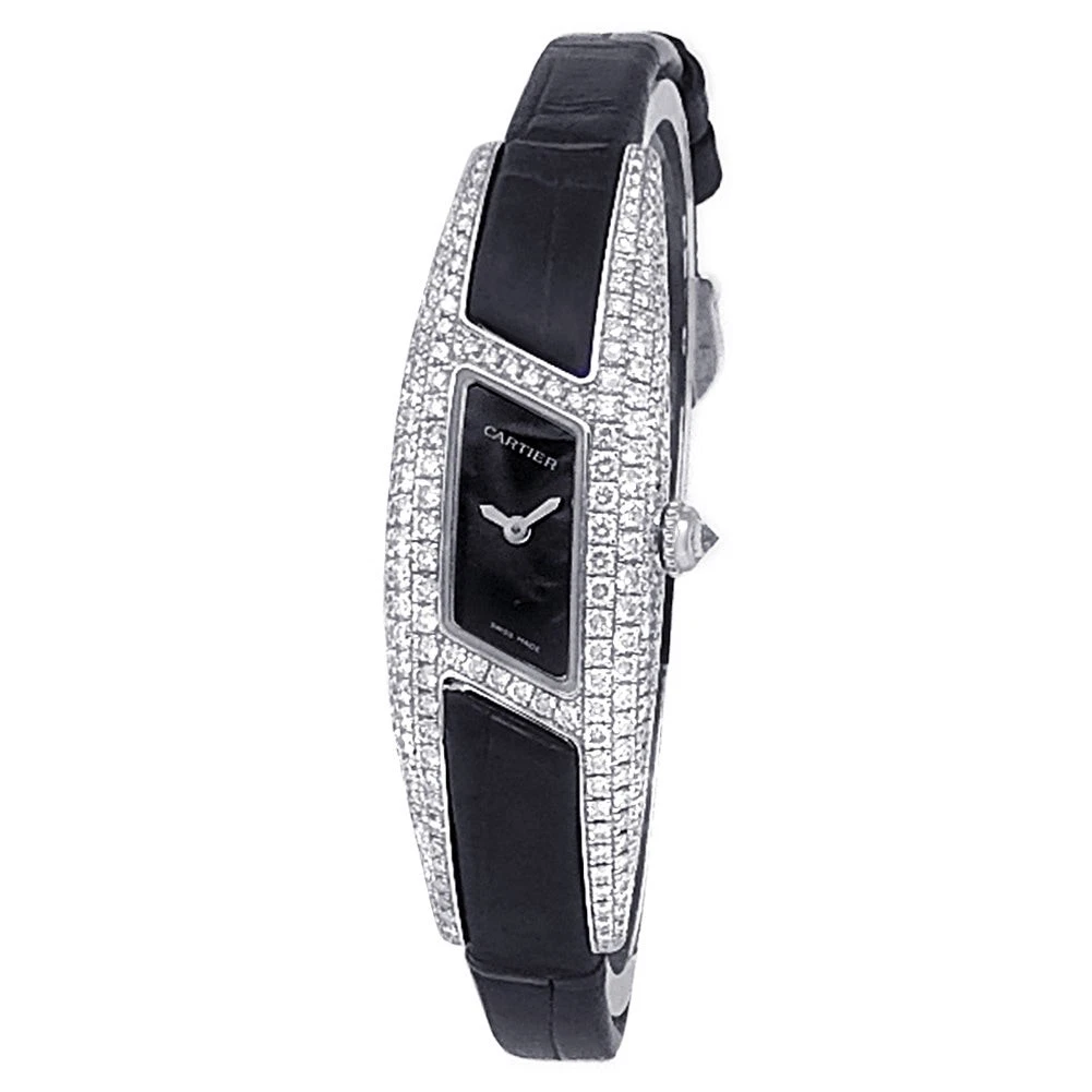 Cartier Himalia 18k White Gold Diamond Black Leather Ladies Watch