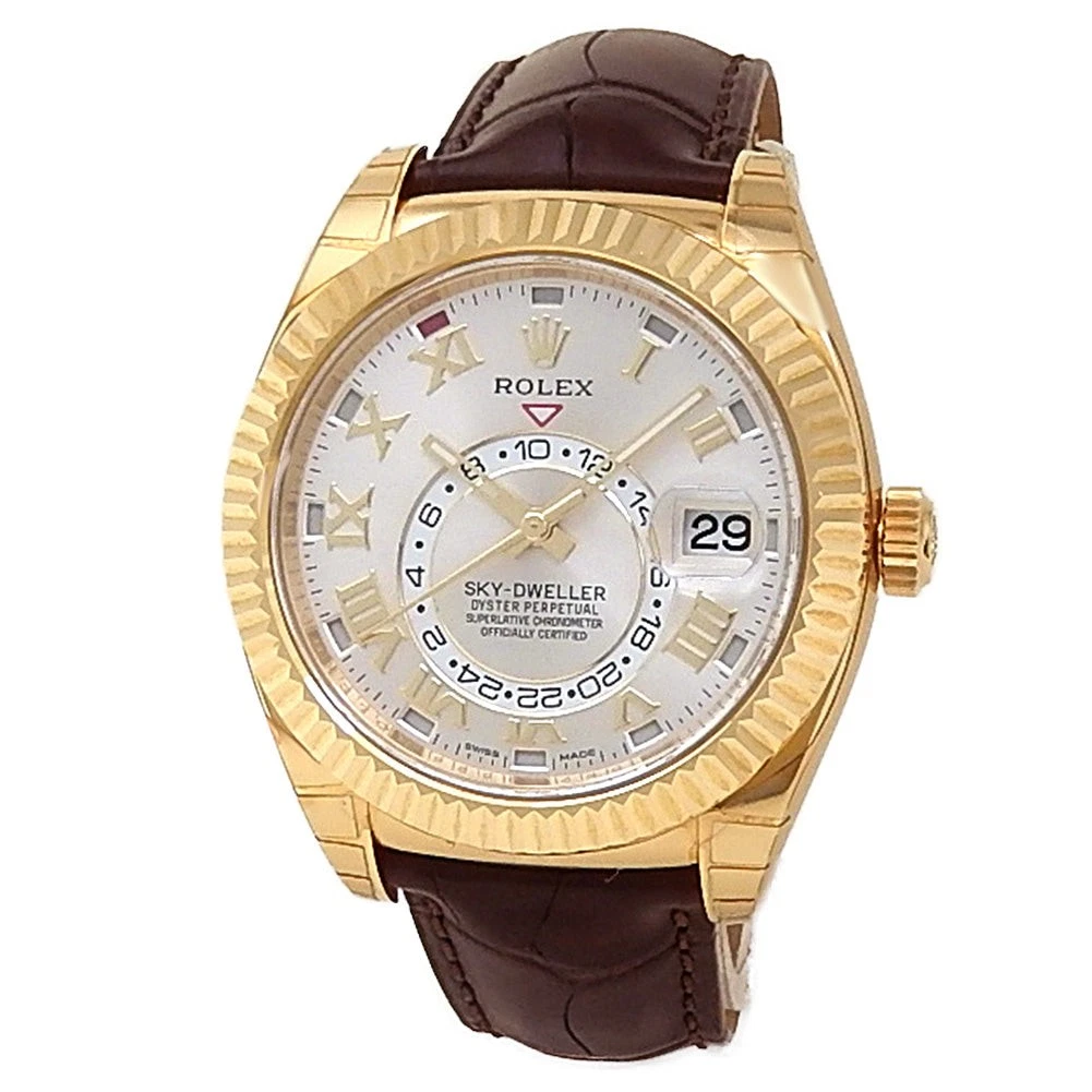 Rolex Sky-Dweller 18k Yellow Gold Silver Dial Brown Strap Watch