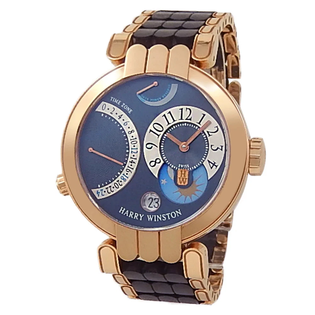 Harry Winston Premier Excenter Time Zone 18k Rose Gold Blue Dial Watch