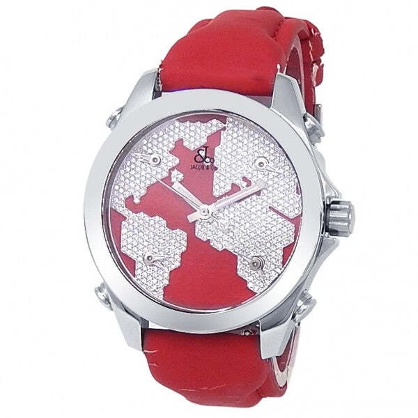 Jacob  Co Five Time Zones Diamond Red Dial Stainless Steel Watch