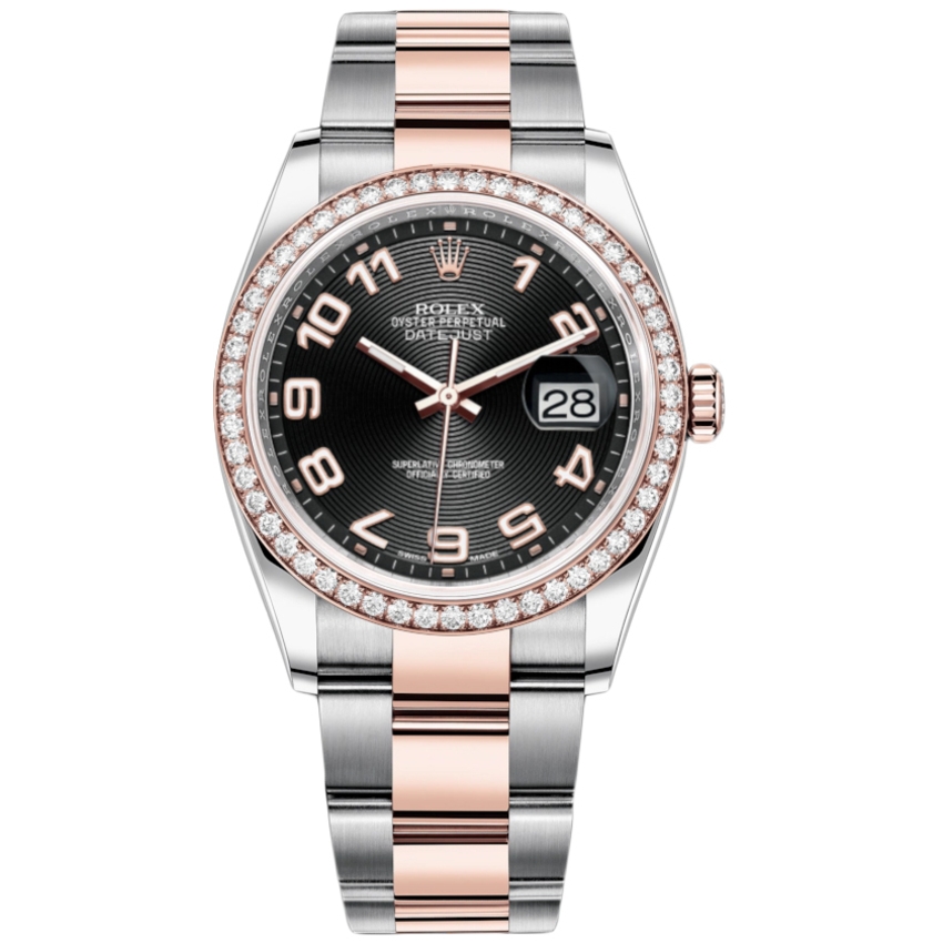 Rolex Datejust 36mm Two Tone Rose Custom Bezel Black Concentric Arabic Dial 116201