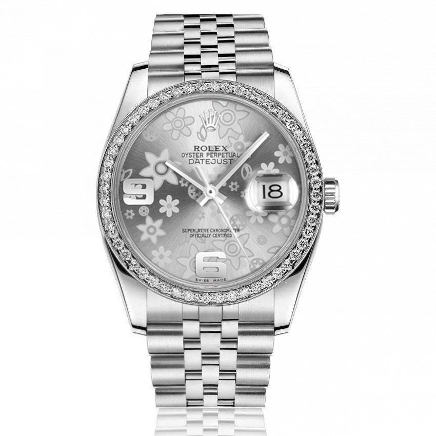Rolex 36mm Datejust Silver Flower Dial with Custom Diamond Bezel Stainless Steel Jubilee Hidden Clasp 116234