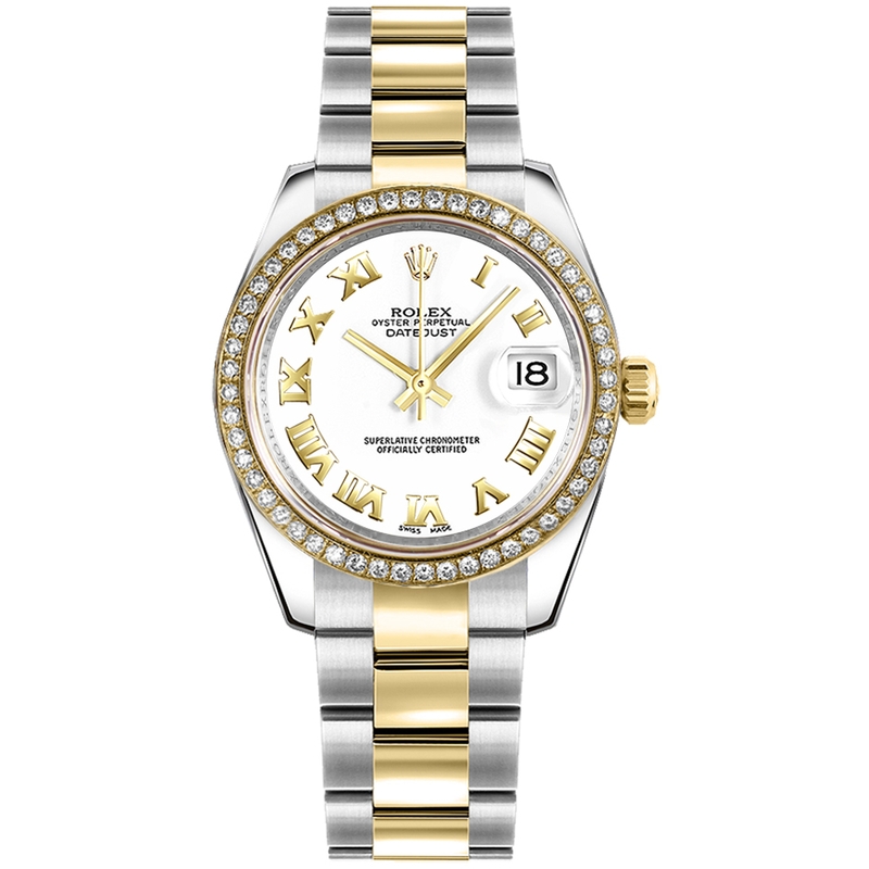 Rolex Datejust 31mm White Roman Dial Custom Diamond Bezel Two Tone Oyster Watch 178243