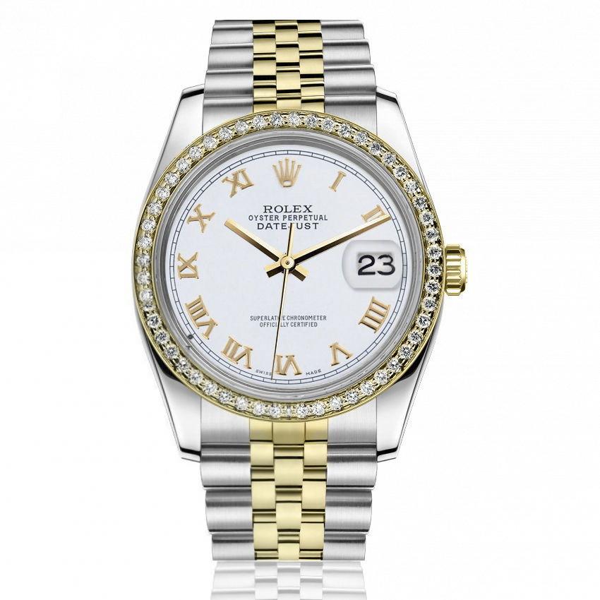 Rolex 36mm Datejust with Round Diamond Bezel  White Roman Numeral Dial Two Tone Jubilee Watch 116233
