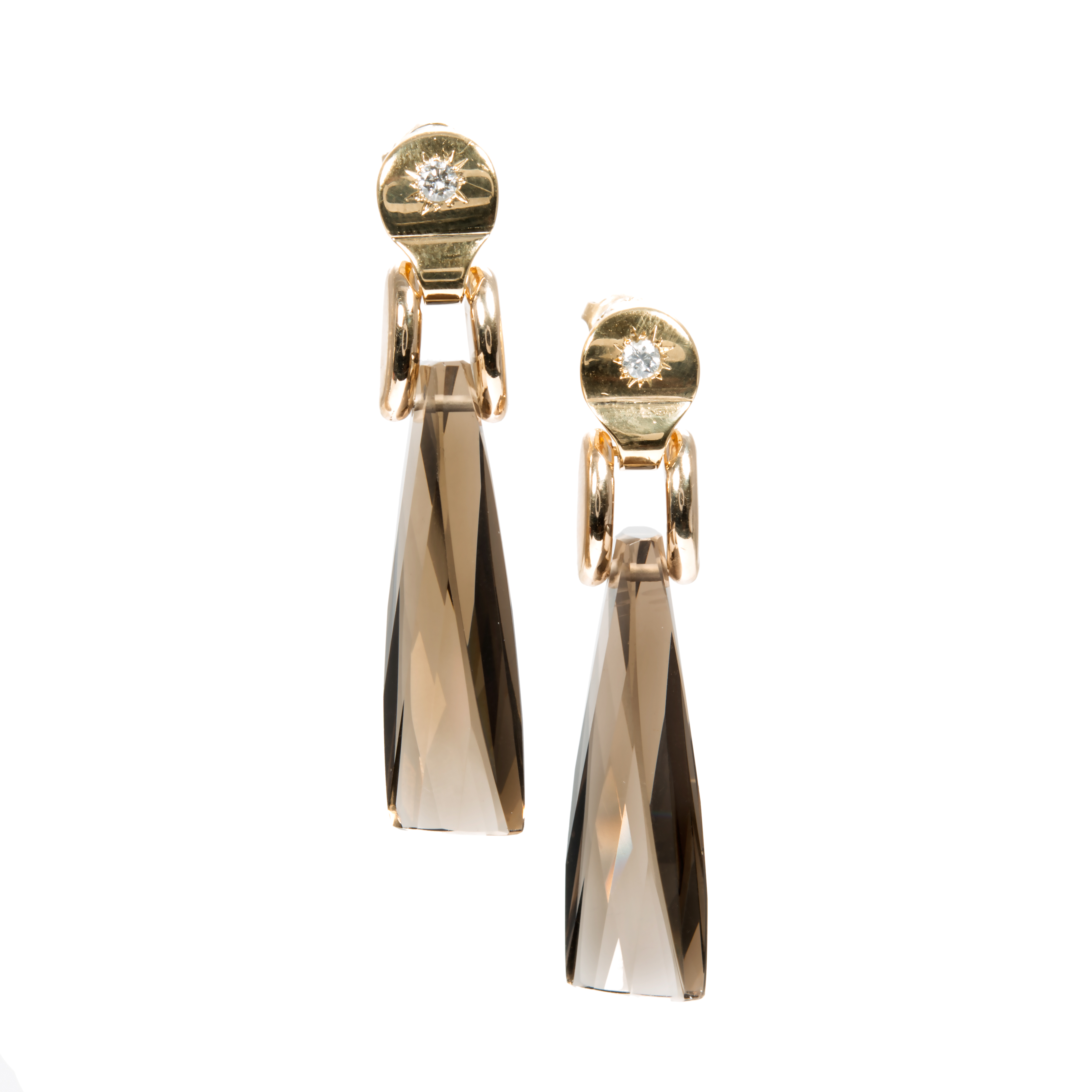 14K Yellow Gold Diamond and Smoky Quartz Dangle Earrings