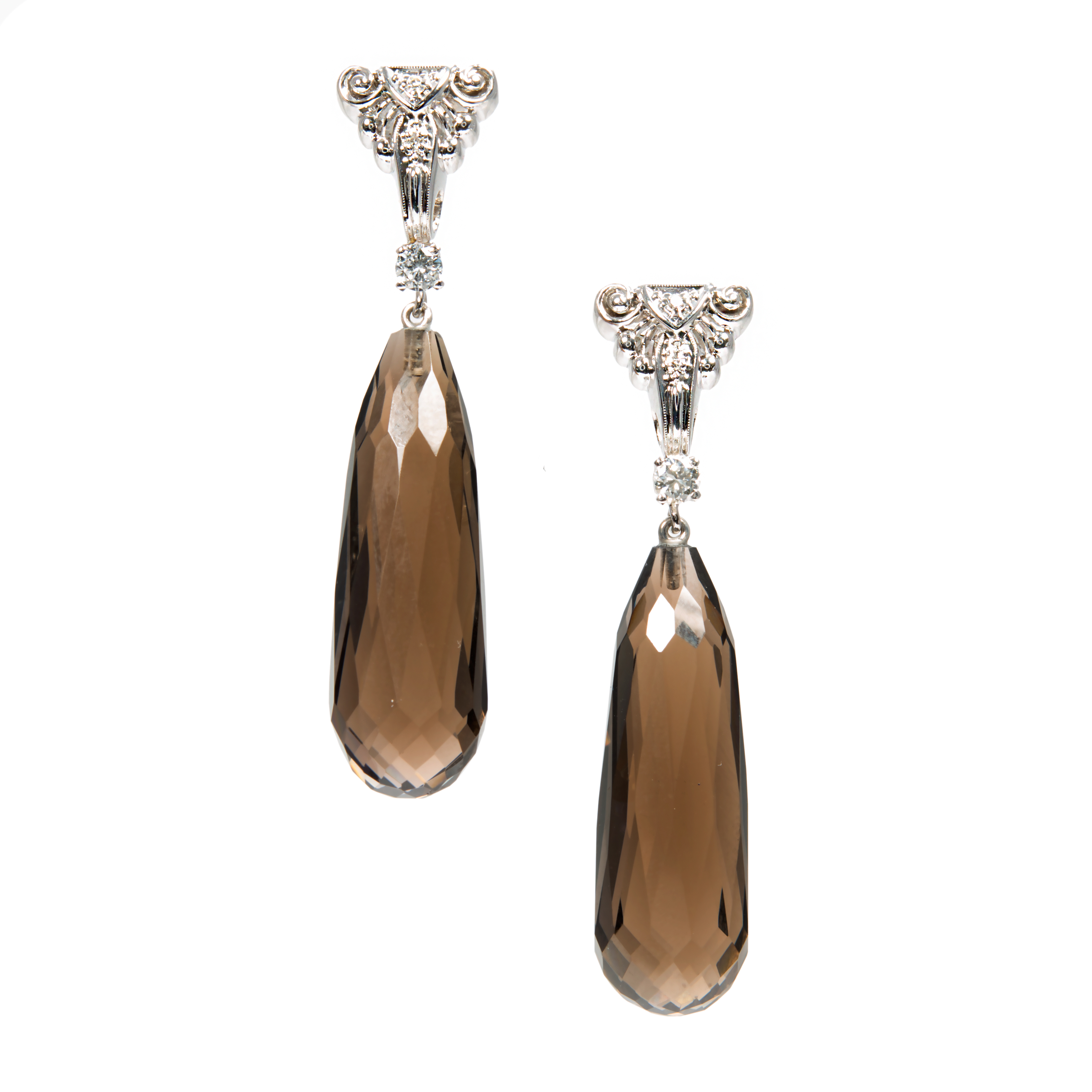 14K White Gold with Smoky Quartz Briolettes Diamond Dangle Earrings