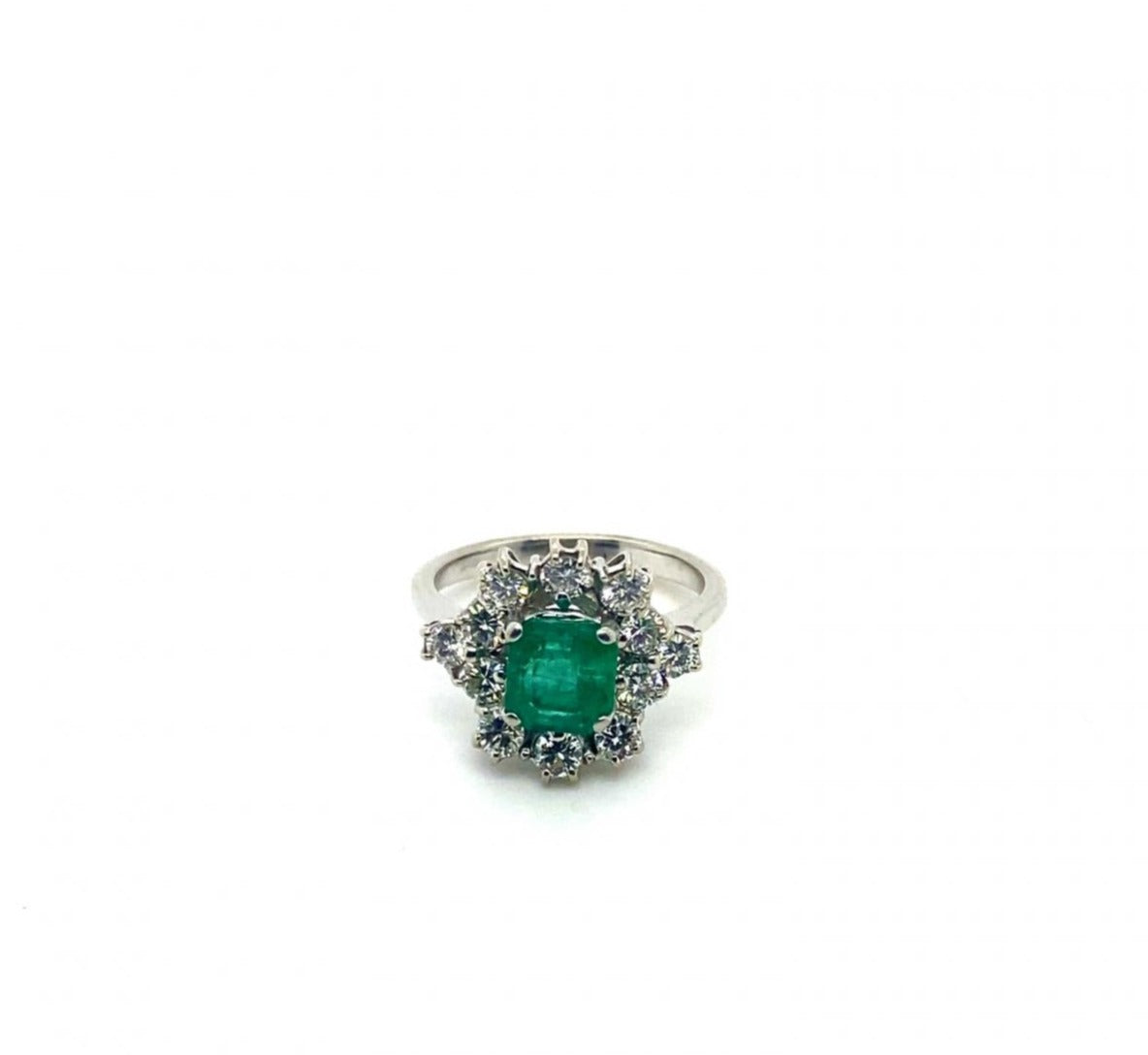 1.00 Carat Emerald and .64 Carat RBC VS2/G Diamond 18K White Gold Ring