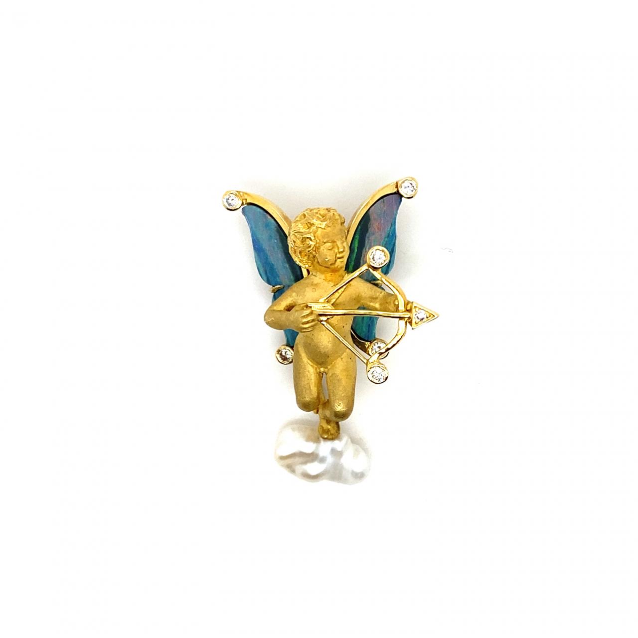 .21ctw Diamond and Opal Doublet Cupid Brooch 18K Yellow Gold with Pearl Cloud